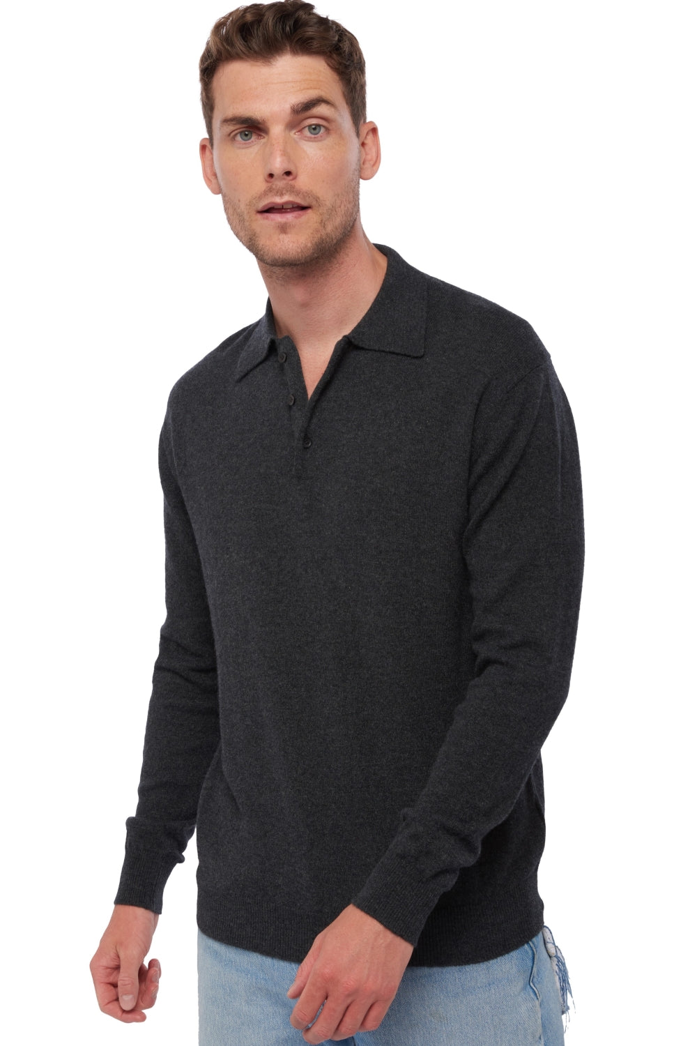 Polo in cashmere, 100% Cashmere, uomo, collo polo, chiusura a bottoni, taglio dritto, maniche lunghe, normale / 2 e 4 fili, maglia normale, Mahogany