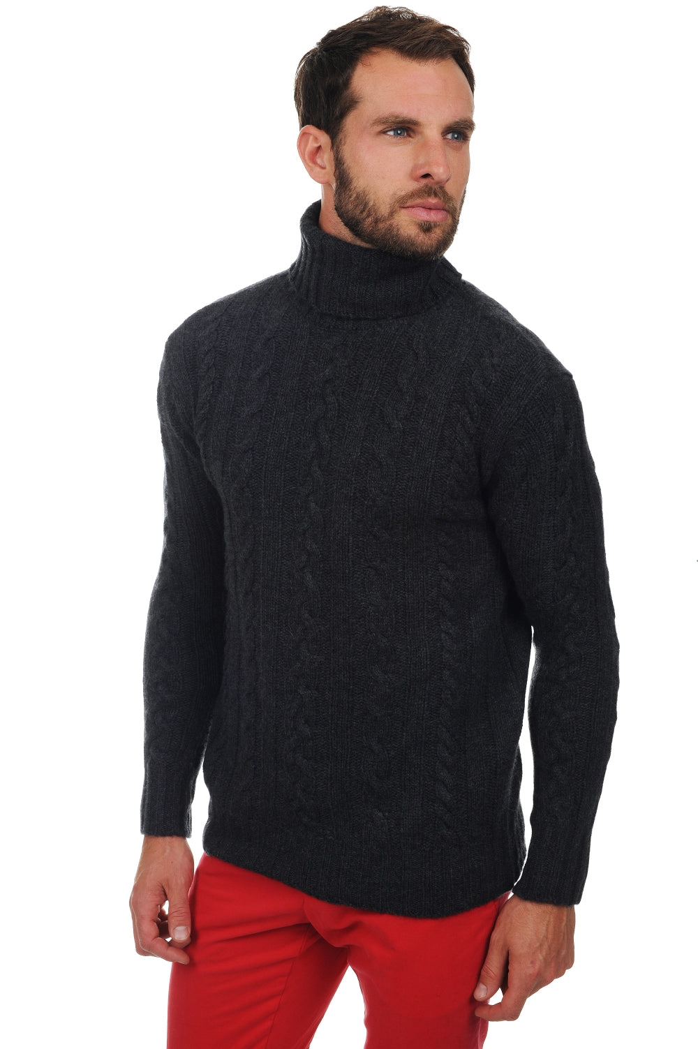 Maglione in cashmere, 100% cashmere, uomo, collo alto, taglio dritto, maniche lunghe, spessore grosso / 6 fili e +, treccia, Mahogany