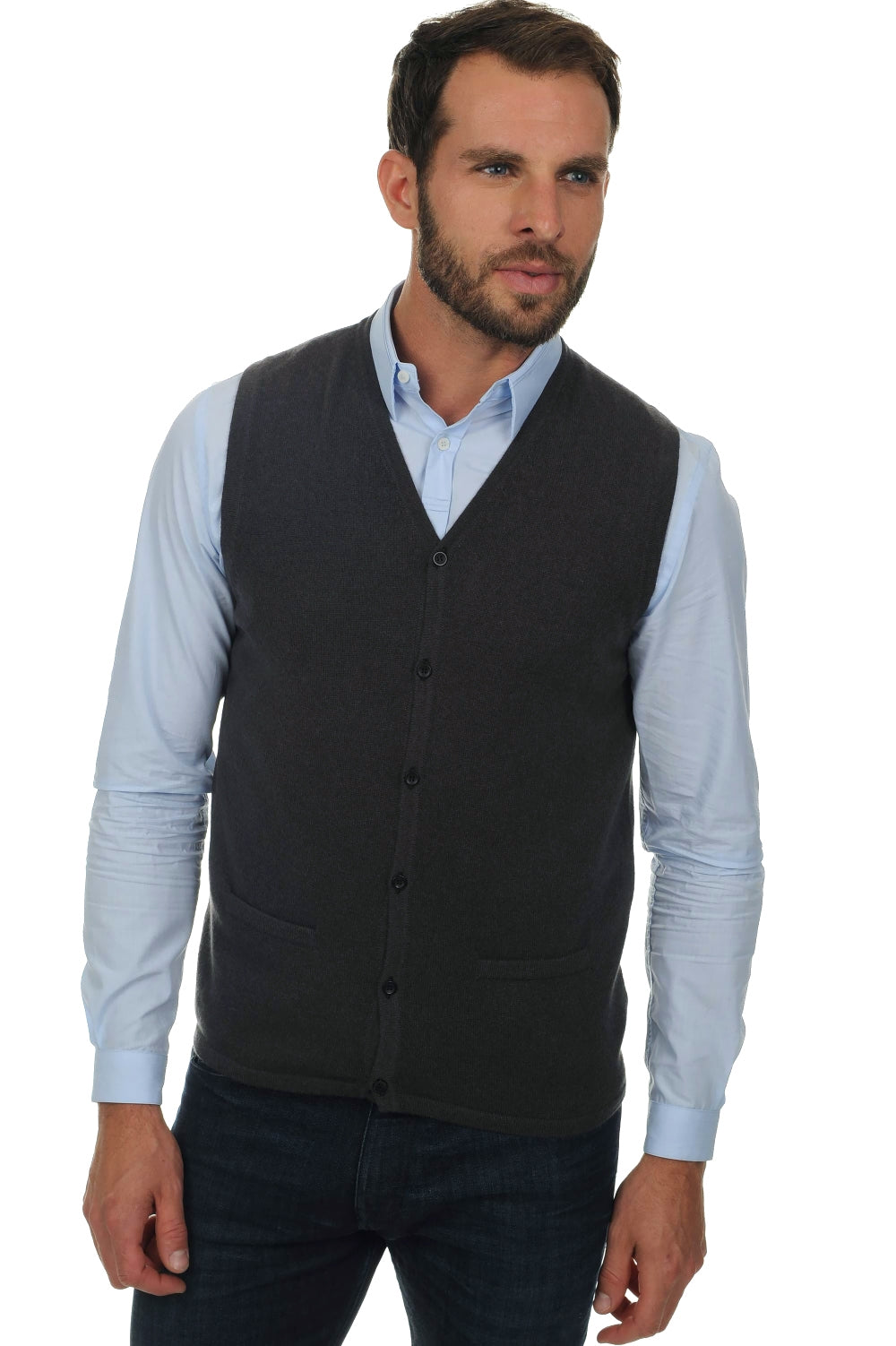 Cardigan in cashmere, 100% cashmere, uomo, collo a V, chiusura a bottoni, taglio aderente, senza maniche, normale / 2 e 4 fili, maglia normale, Mahogany