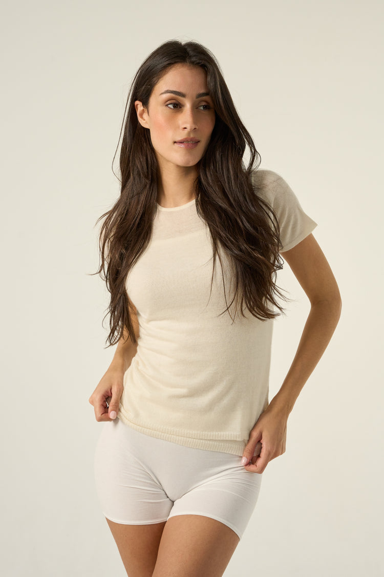 T-shirt in duvet di cashmere, 100% duvet di cashmere, donna, collo tondo, taglio dritto, maniche corte, sottile, Mahogany