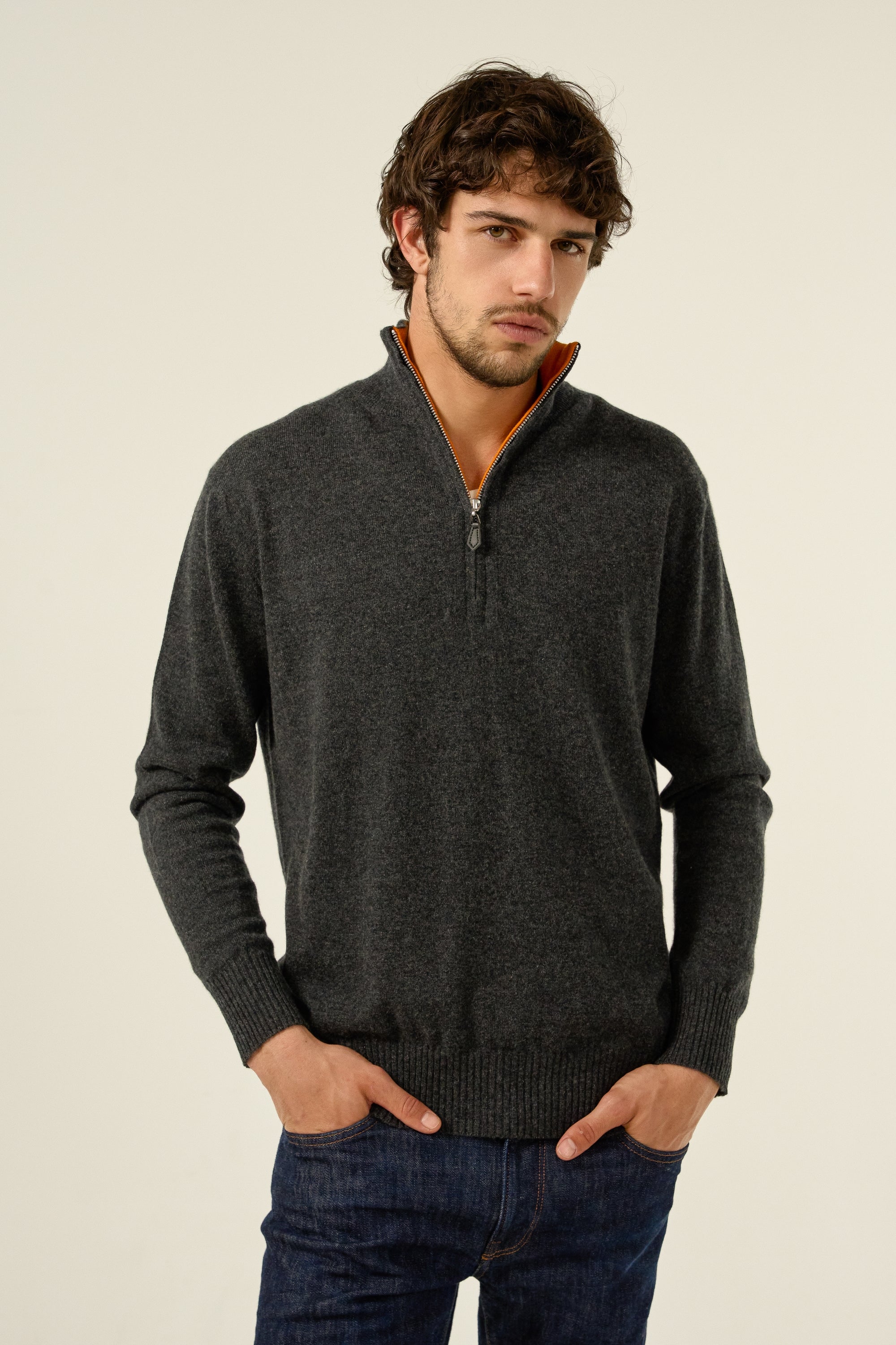 Maglione in cashmere, 100% cashmere, uomo, collo collo camionista, chiusura zip, vestibilità dritta, maniche lunghe, normale / 2 e 4 fili, maglia normale, Mahogany