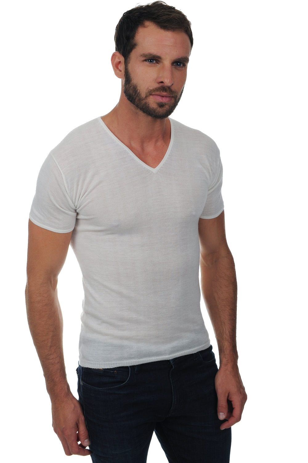 T-shirt in piumino di cashmere, 100% piumino di cashmere, uomo, scollo a V, vestibilità, maniche corte, sottile, Mahogany