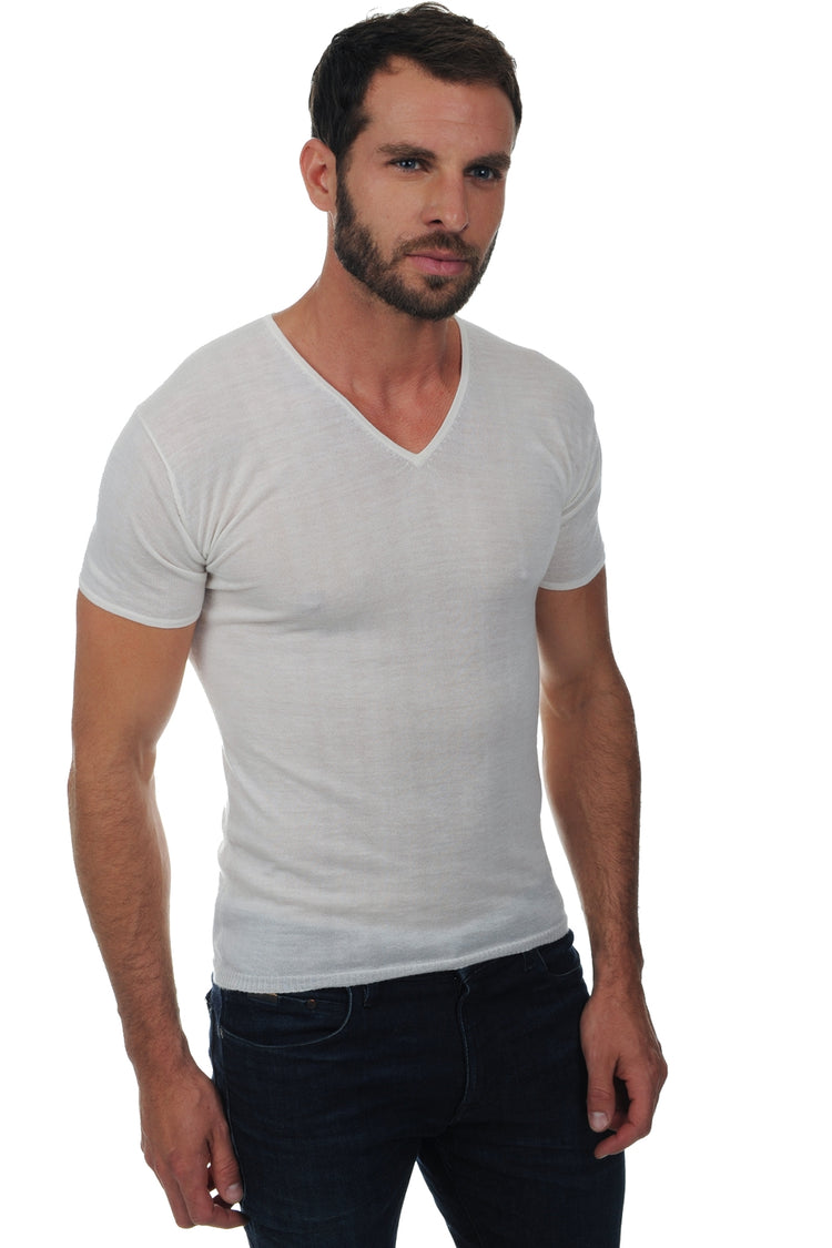 T-shirt in piumino di cashmere, 100% piumino di cashmere, uomo, scollo a V, vestibilità, maniche corte, sottile, Mahogany