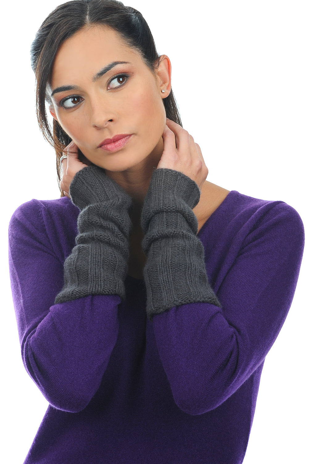 Mezzi guanti in cashmere, 100% Cashmere, donna, spessore grosso / 6 fili e +, a coste, Mahogany