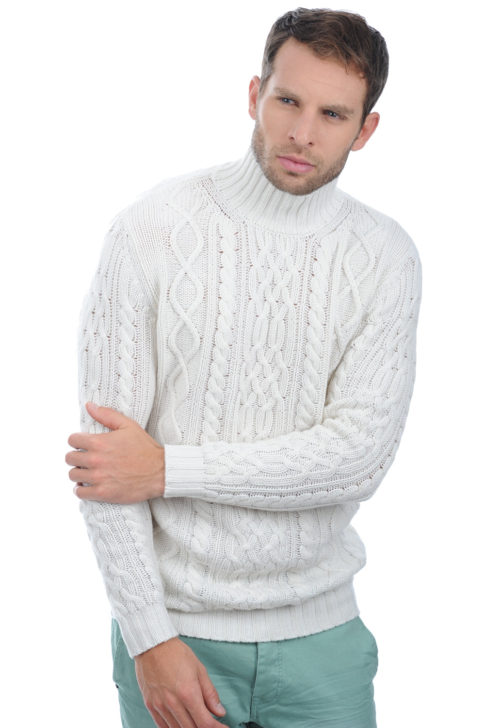 Maglione in cashmere, 100% cashmere, uomo, collo alto, taglio dritto, maniche lunghe, spessore grosso / 6 fili e +, treccia, Mahogany