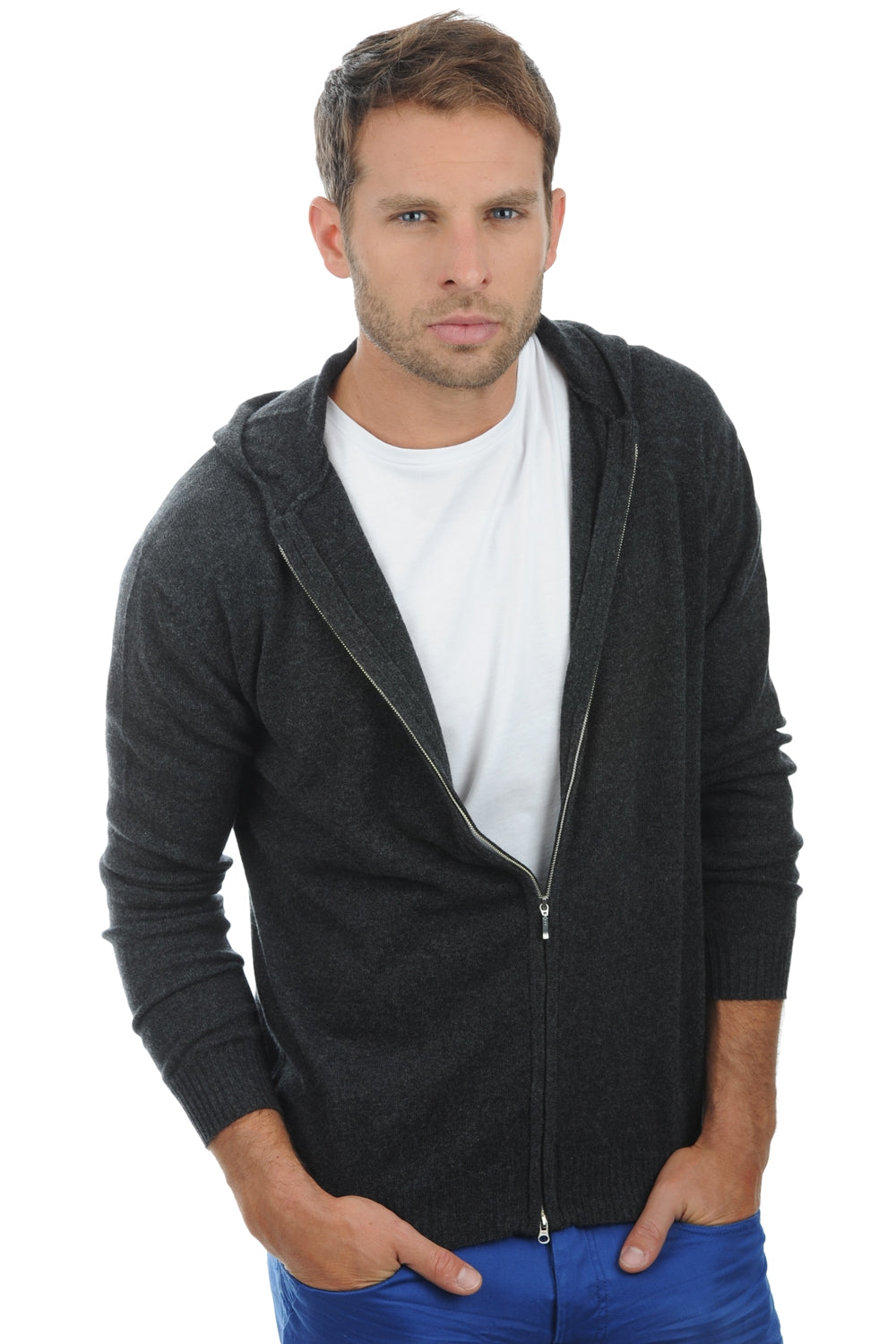 Felpa in cashmere, 100% Cashmere, uomo, cappuccio, chiusura zip, taglio dritto, maniche lunghe, normale / 2 e 4 fili, maglia normale, Mahogany