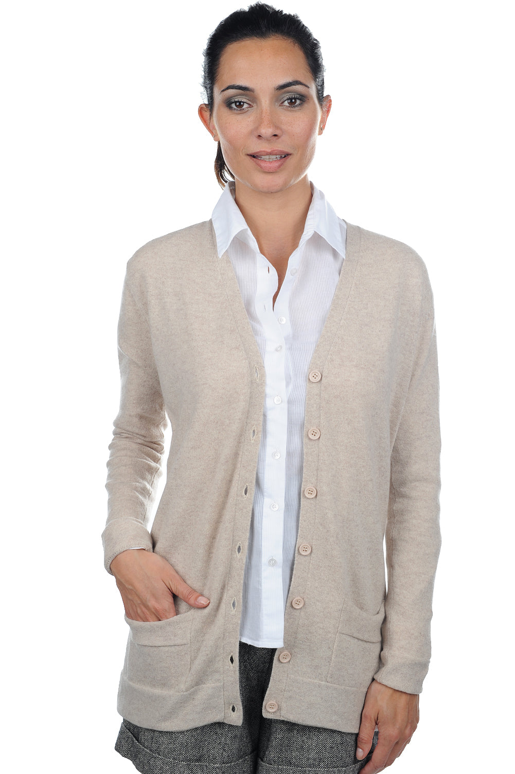 Cardigan in cashmere, 100% cashmere, donna, collo a V, chiusura con bottoni, taglio dritto, maniche lunghe, normale / 2 e 4 fili, lavoro a maglia normale, Mahogany