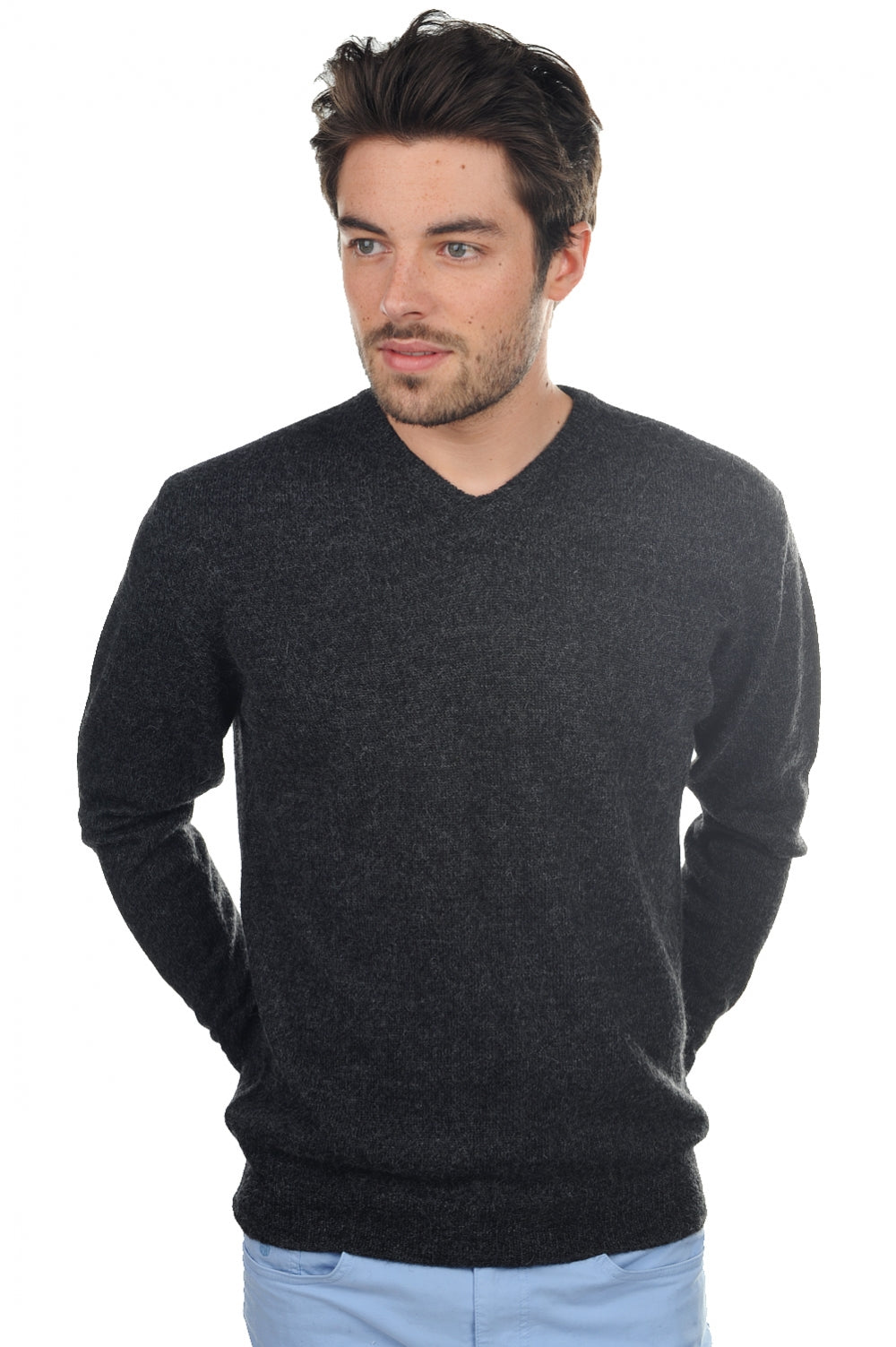 Maglione in baby alpaca, 100% Baby Alpaca, uomo, collo a V, taglio dritto, maniche lunghe, normale / 2 e 4 fili, maglia normale, Mahogany