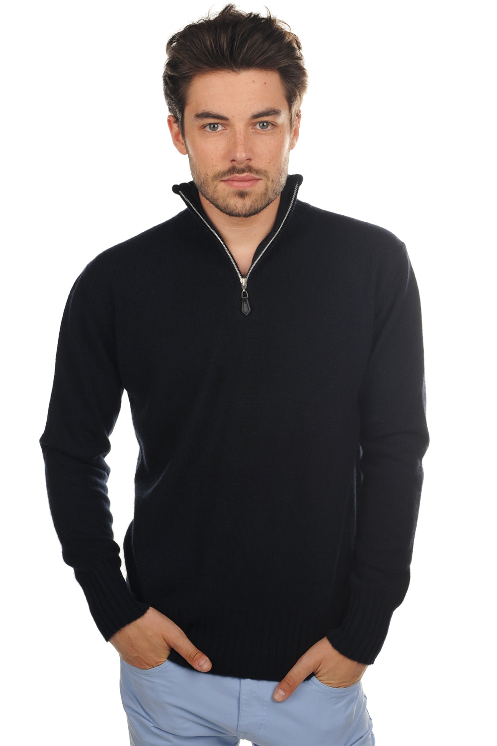 Maglione in yak, 100% Yak, uomo, collo camionista, chiusura zip, taglio dritto, maniche lunghe, normale / 2 e 4 fili, maglia normale, Mahogany