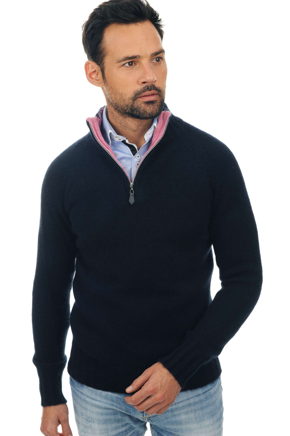 Maglione in cashmere e yak, 100% Cashmere & 100% Yak, uomo, collo a camionista, chiusura zip, taglio dritto, maniche raglan, normale / 2 e 4 fili, maglia normale, Mahogany