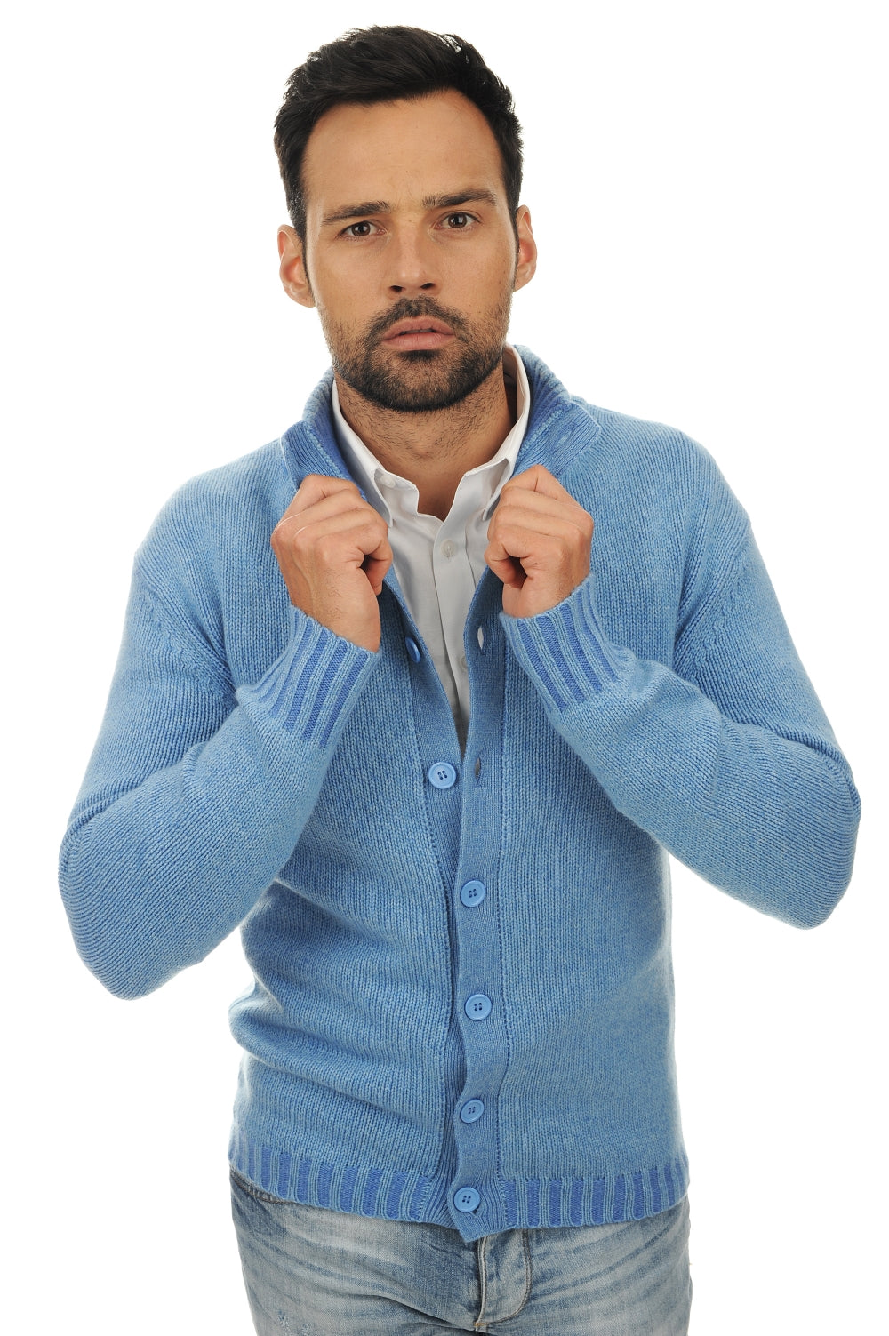 Cardigan in cashmere, 100% cashmere, uomo, collo alto / collo a camino, chiusura a bottoni, taglio dritto, maniche lunghe, spesso / 6 fili e +, maglia normale, Mahogany
