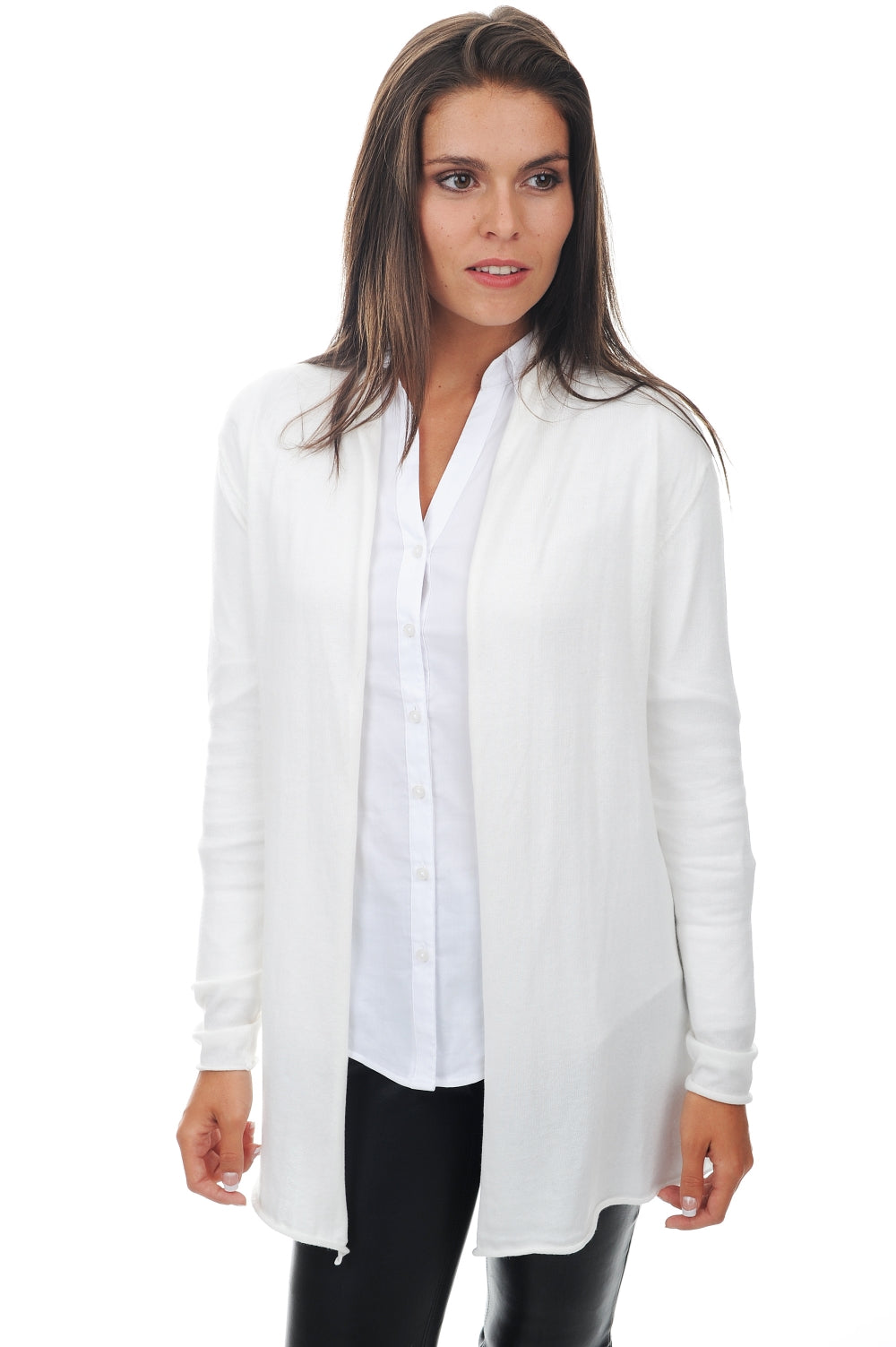 Cardigan in cashmere e cotone, 85% cotone / 15% cashmere, donna, senza collo, taglio dritto, maniche lunghe, fine, , Mahogany