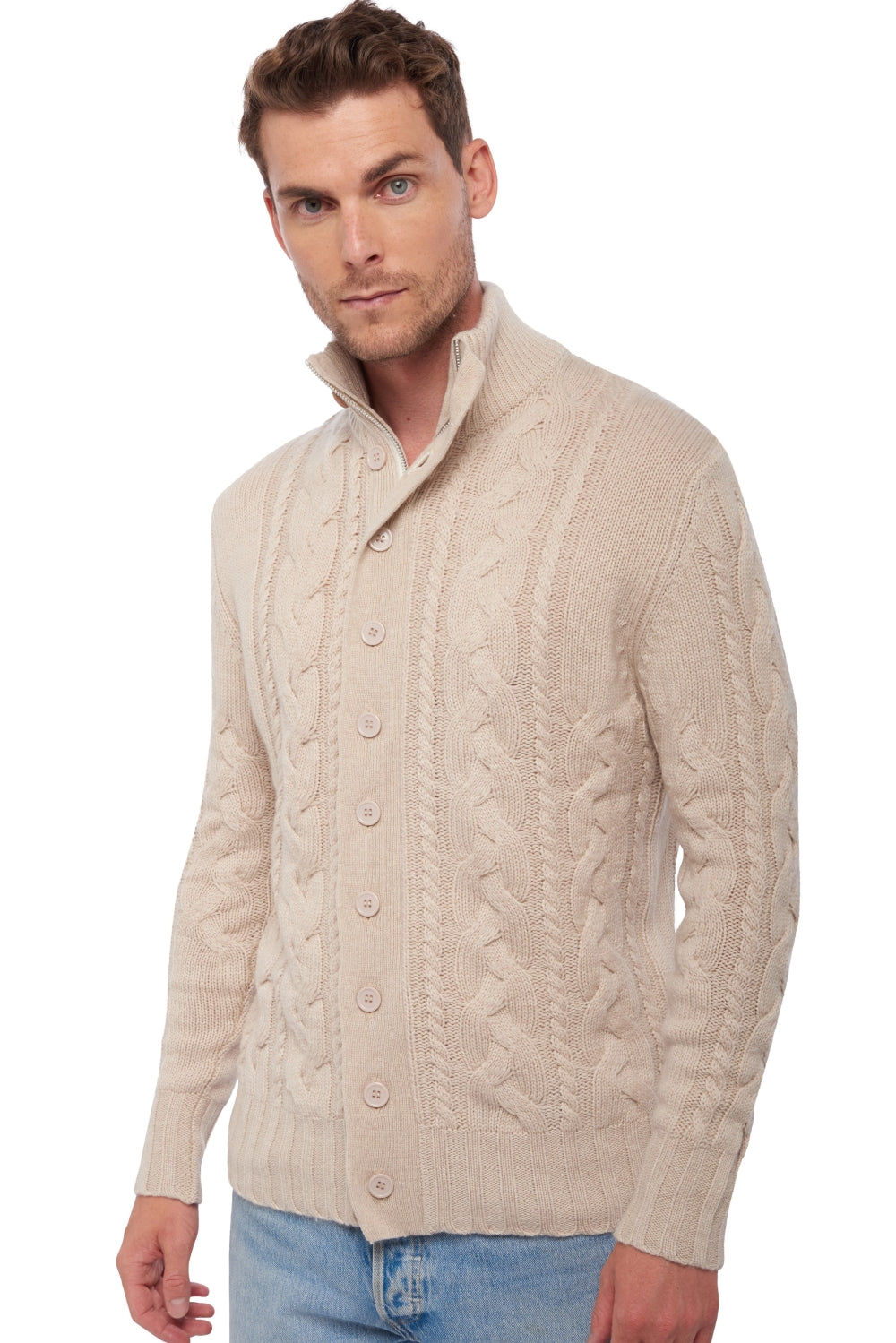 Maglione in cashmere, 100% Cashmere, uomo, collo alto / collo a camino, chiusura zip, taglio dritto, maniche lunghe, grosso / 6 fili e +, treccia, Mahogany