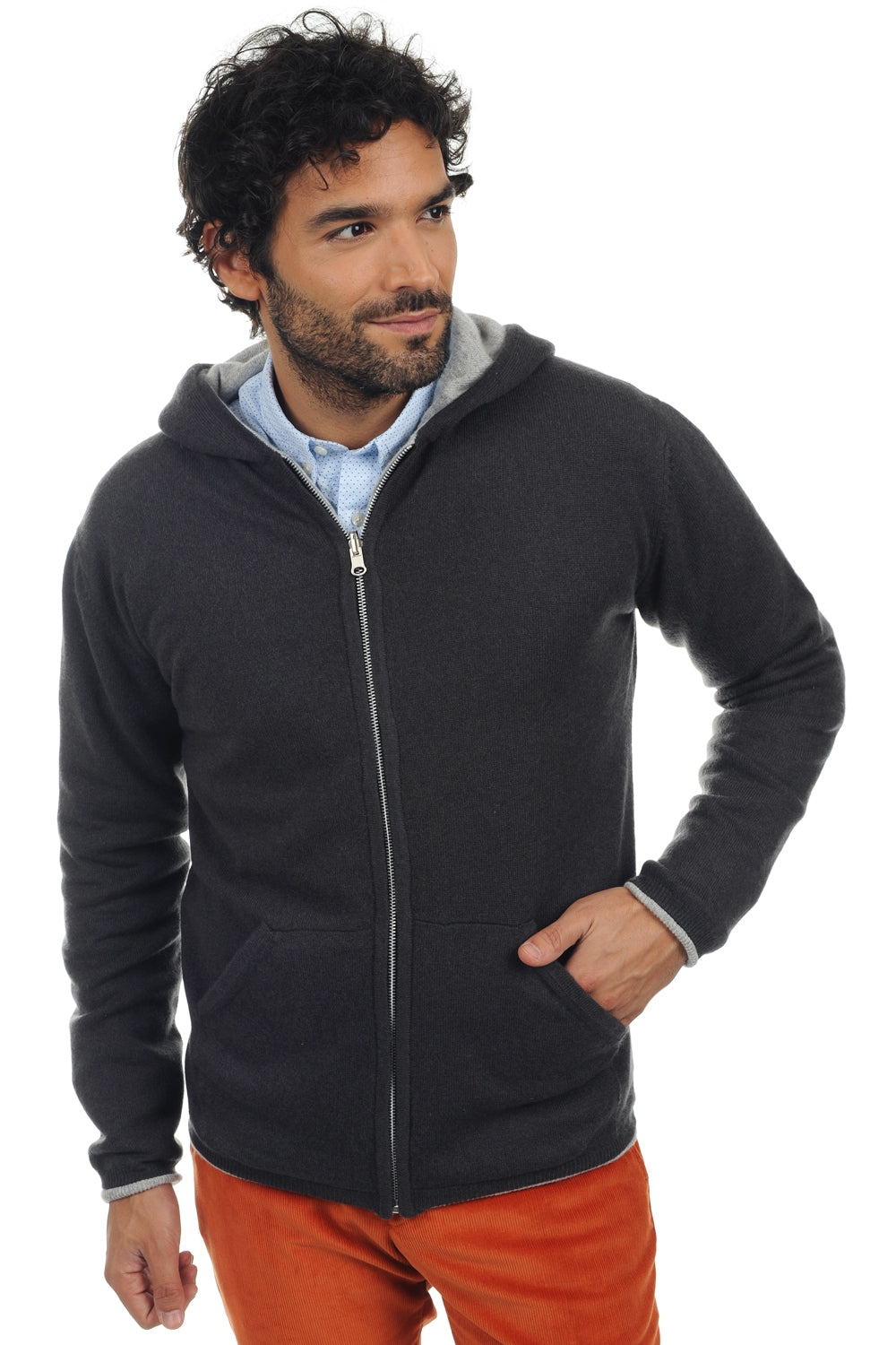 Felpa in cashmere, 100% Cashmere, uomo, cappuccio, chiusura zip, taglio dritto, maniche lunghe, normale / 2 e 4 fili, maglia normale, Mahogany