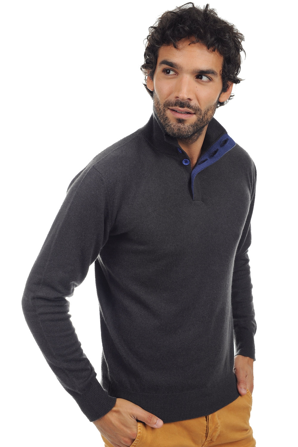 Maglione in cashmere, 100% Cashmere, uomo, collo camionista, chiusura con bottoni, taglio dritto, maniche lunghe, normale / 2 e 4 fili, maglia normale, Mahogany