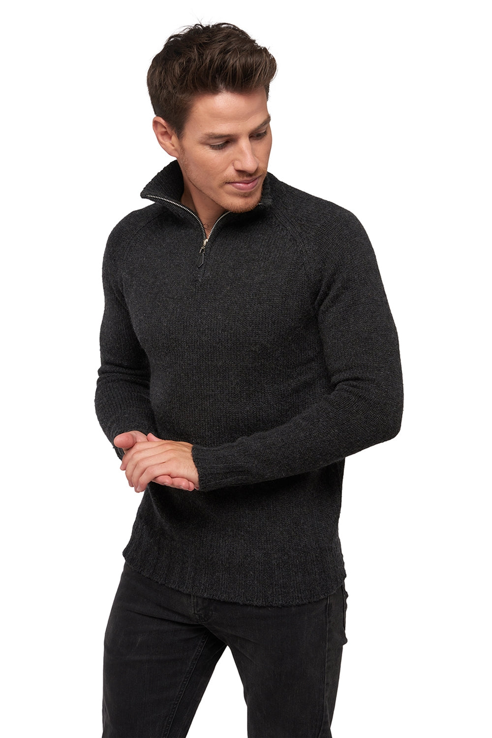 Maglione in cammello, 100% Cammello, uomo, collo a camionista, chiusura zip, taglio dritto, maniche lunghe, grossa / 6 fili e +, maglia normale, Mahogany