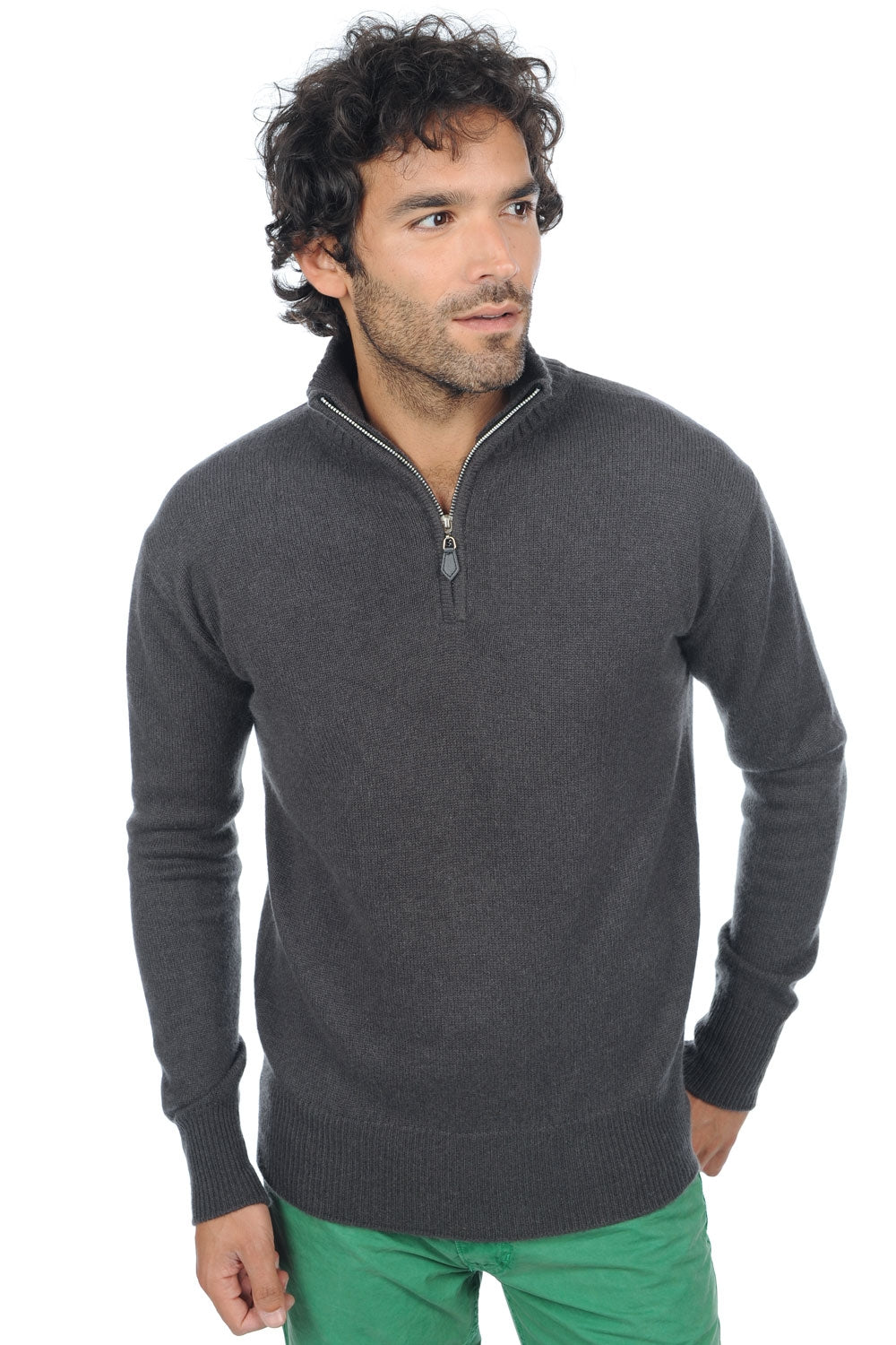 Maglione in cashmere, 100% cashmere, uomo, collo collo camionista, chiusura zip, vestibilità dritta, maniche lunghe, normale / 2 e 4 fili, maglia normale, Mahogany