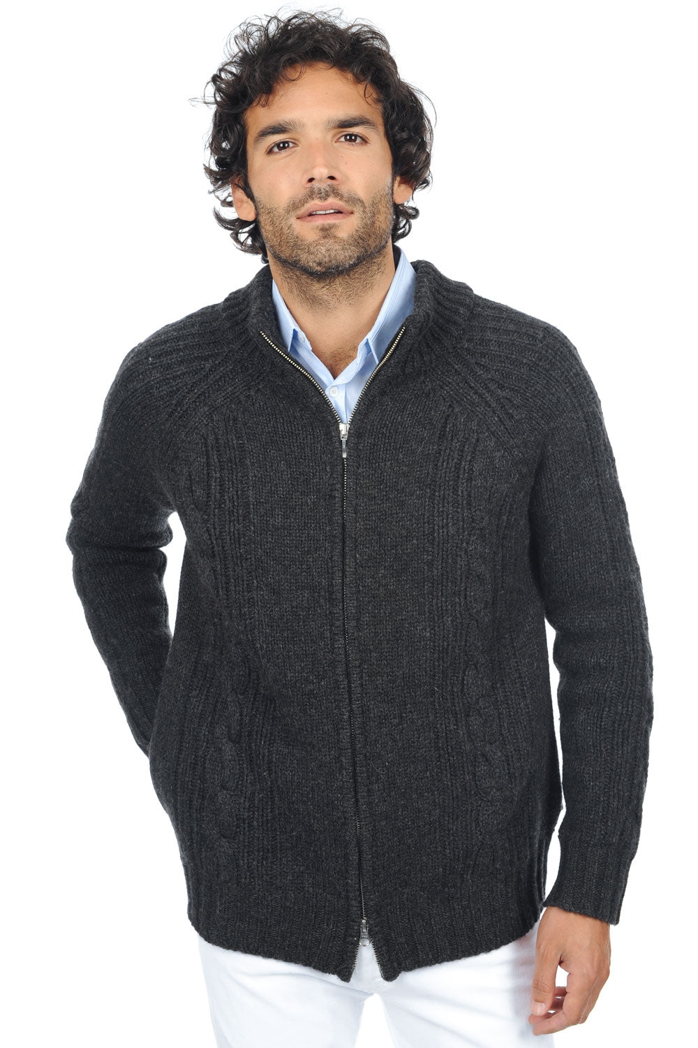 Gilet in cammello, 100% Cammello, uomo, collo alto / collo a camino, chiusura zip, taglio dritto, maniche lunghe, grossa / 6 fili e +, , Mahogany