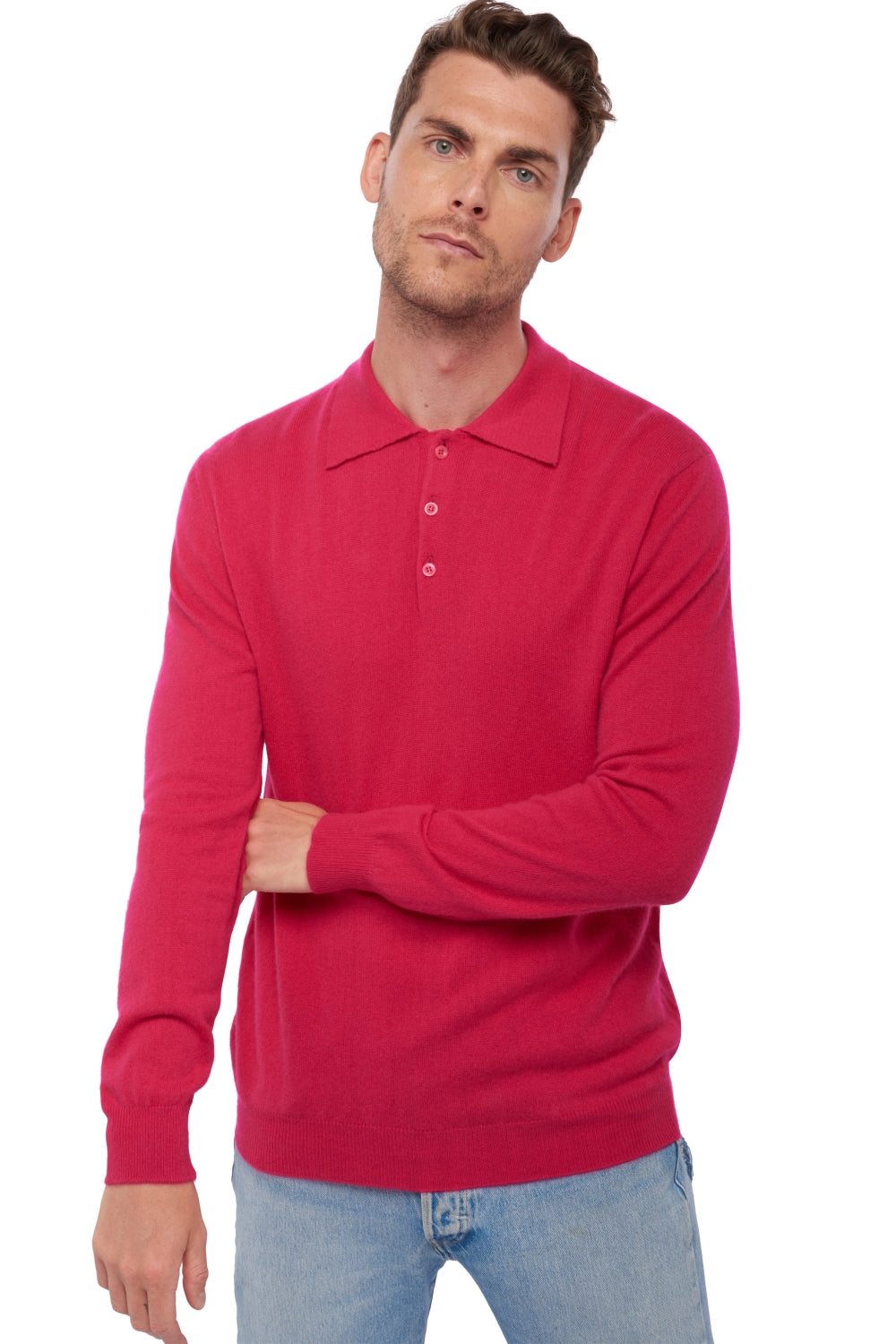 Polo in cashmere, 100% cashmere, uomo, collo polo, chiusura a bottoni, taglio dritto, maniche lunghe, normale / 2 e 4 fili, maglia normale, Mahogany