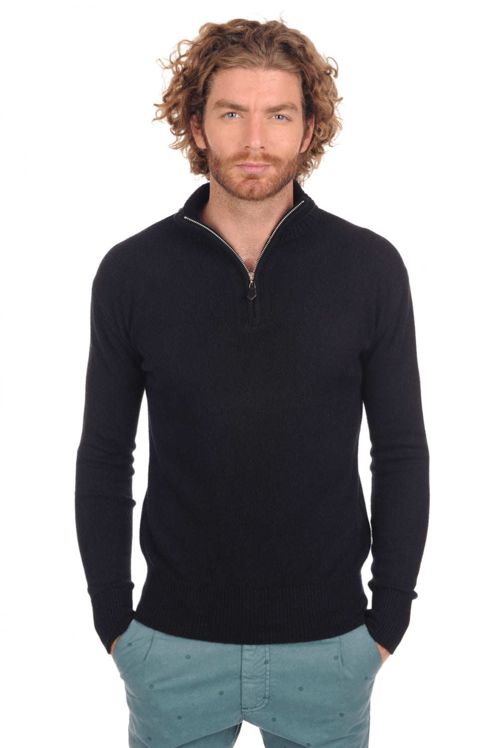 Maglione in cashmere, 100% cashmere, uomo, collo collo camionista, chiusura zip, vestibilità dritta, maniche lunghe, normale / 2 e 4 fili, maglia normale, Mahogany