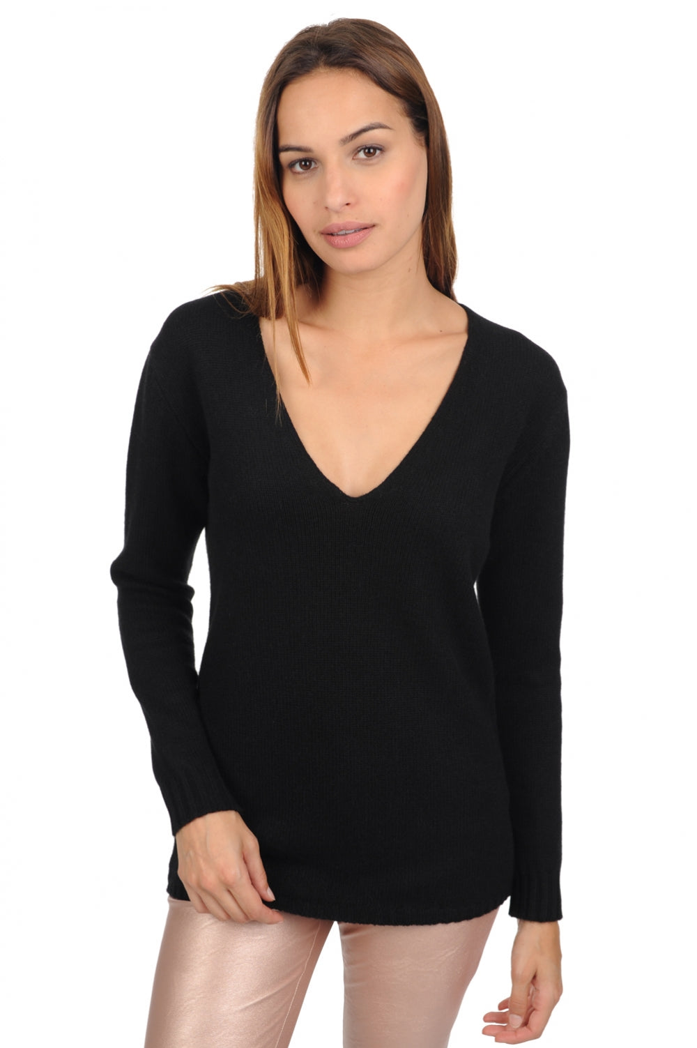 Maglione in cashmere, 100% Cashmere, donna, scollo a V, taglio dritto, maniche lunghe, maglia grossa / 6 fili e +, punto normale, Mahogany