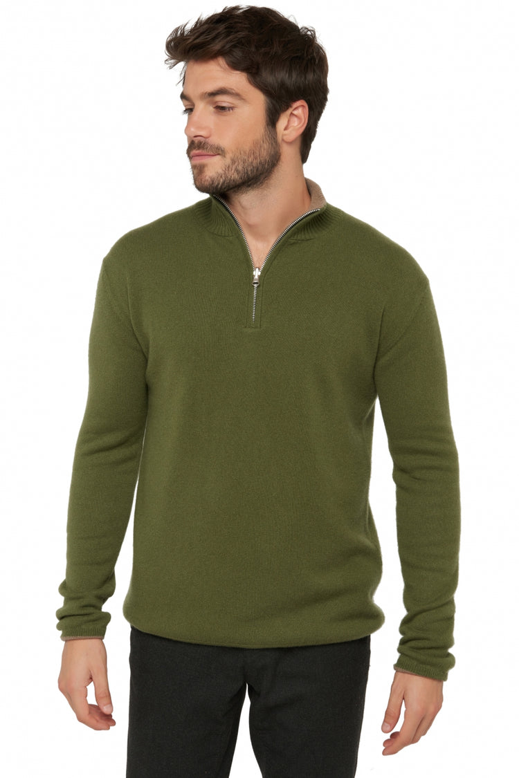 Maglione in cashmere, 100% cashmere, uomo, collo collo camionista, chiusura zip, vestibilità dritta, maniche lunghe, normale / 2 e 4 fili, maglia normale, Mahogany