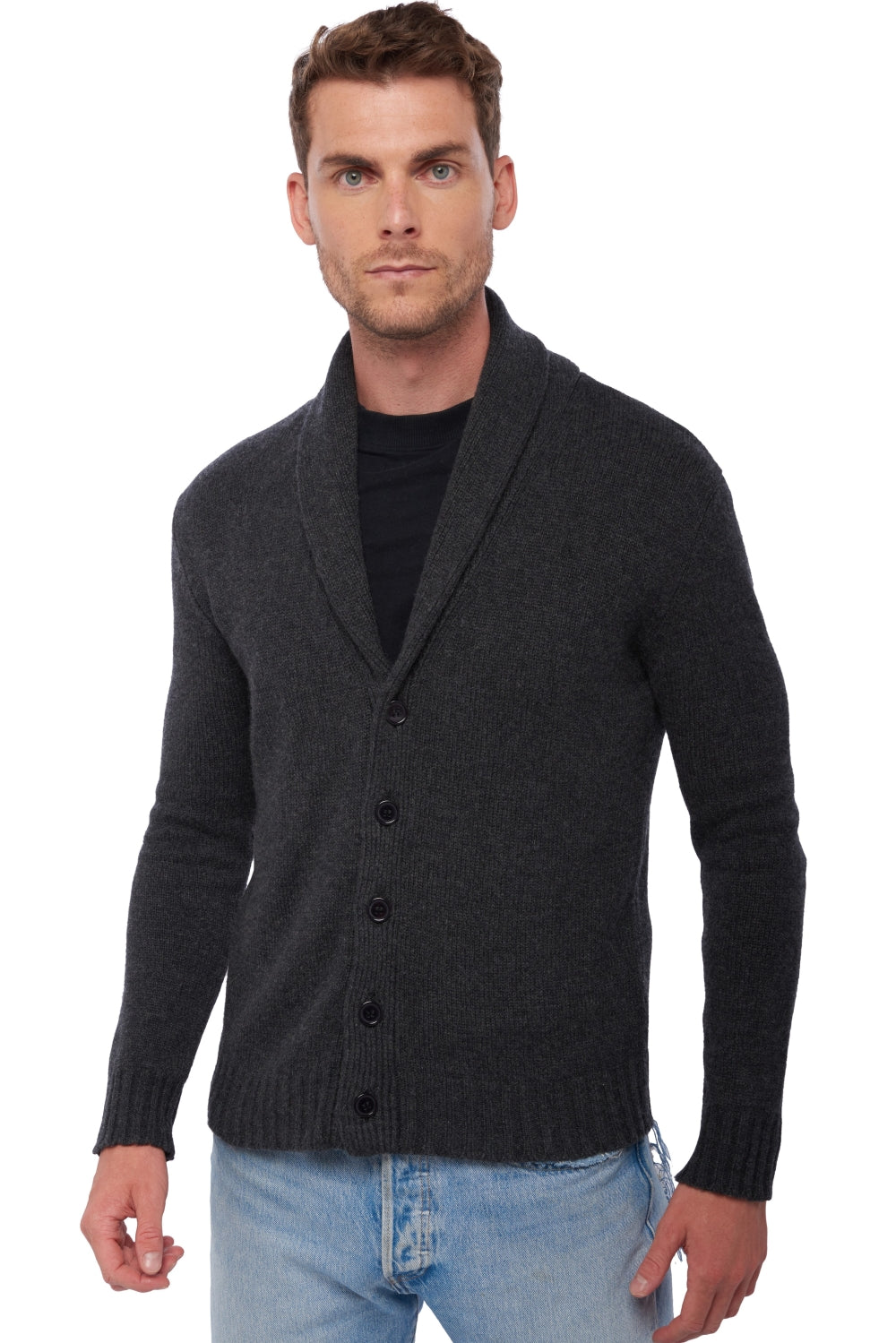 Cardigan in cashmere, 100% Cashmere, uomo, collo a scialle, chiusura con bottoni, taglio dritto, maniche lunghe, filato grosso / 6 fili e +, maglia normale, Mahogany
