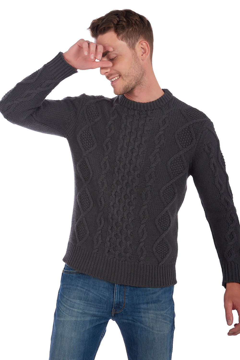 Maglione in cashmere, 100% Cashmere, uomo, girocollo, taglio dritto, maniche lunghe, grossa / 6 fili e +, intrecciato, Mahogany