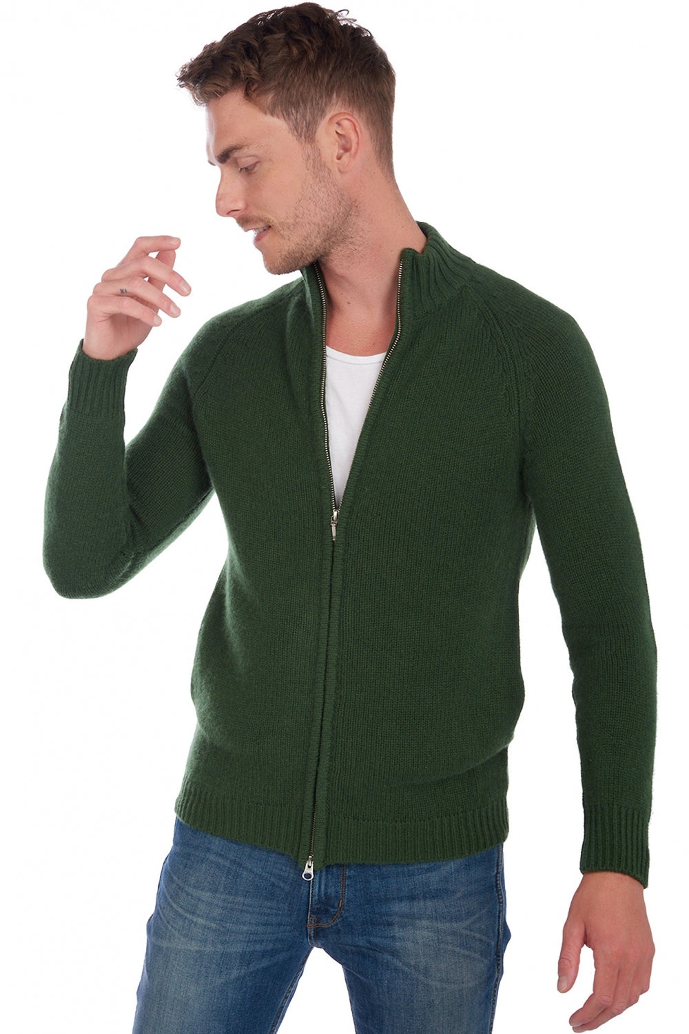 Cardigan in cashmere, 100% Cashmere, uomo, collo a camionista, chiusura zip, taglio dritto, maniche lunghe, grossa / 6 fili e +, maglia normale, Mahogany