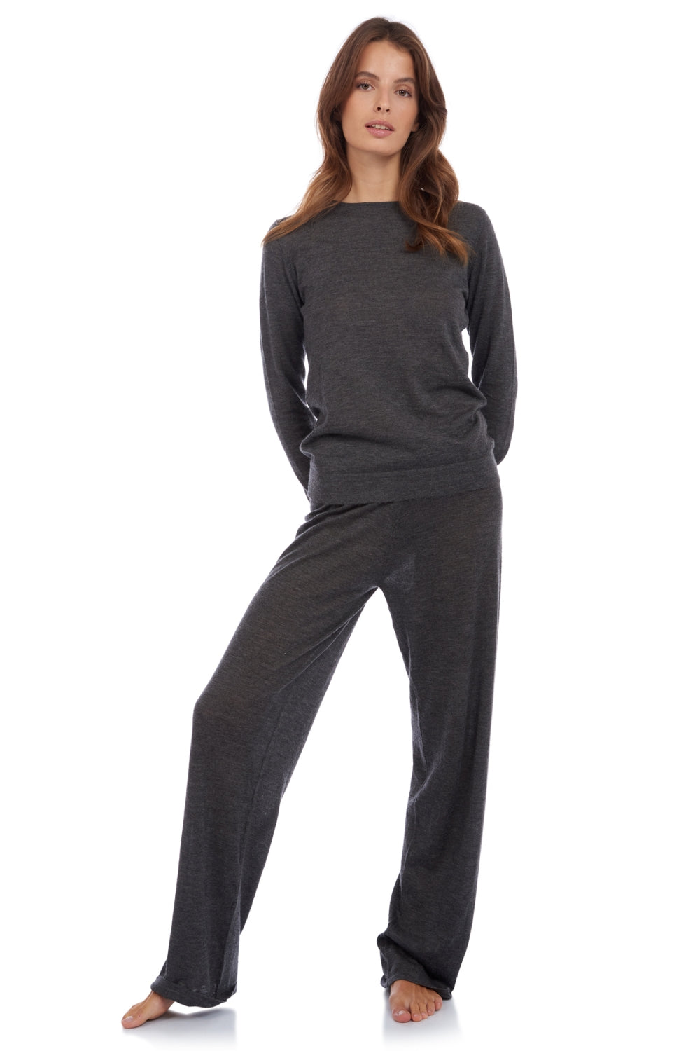 Pigiama in piuma di cashmere, 100% piuma di Cashmere, donna, collo tondo, taglio dritto, maniche lunghe, normale / 2 e 4 fili, maglia normale, Mahogany