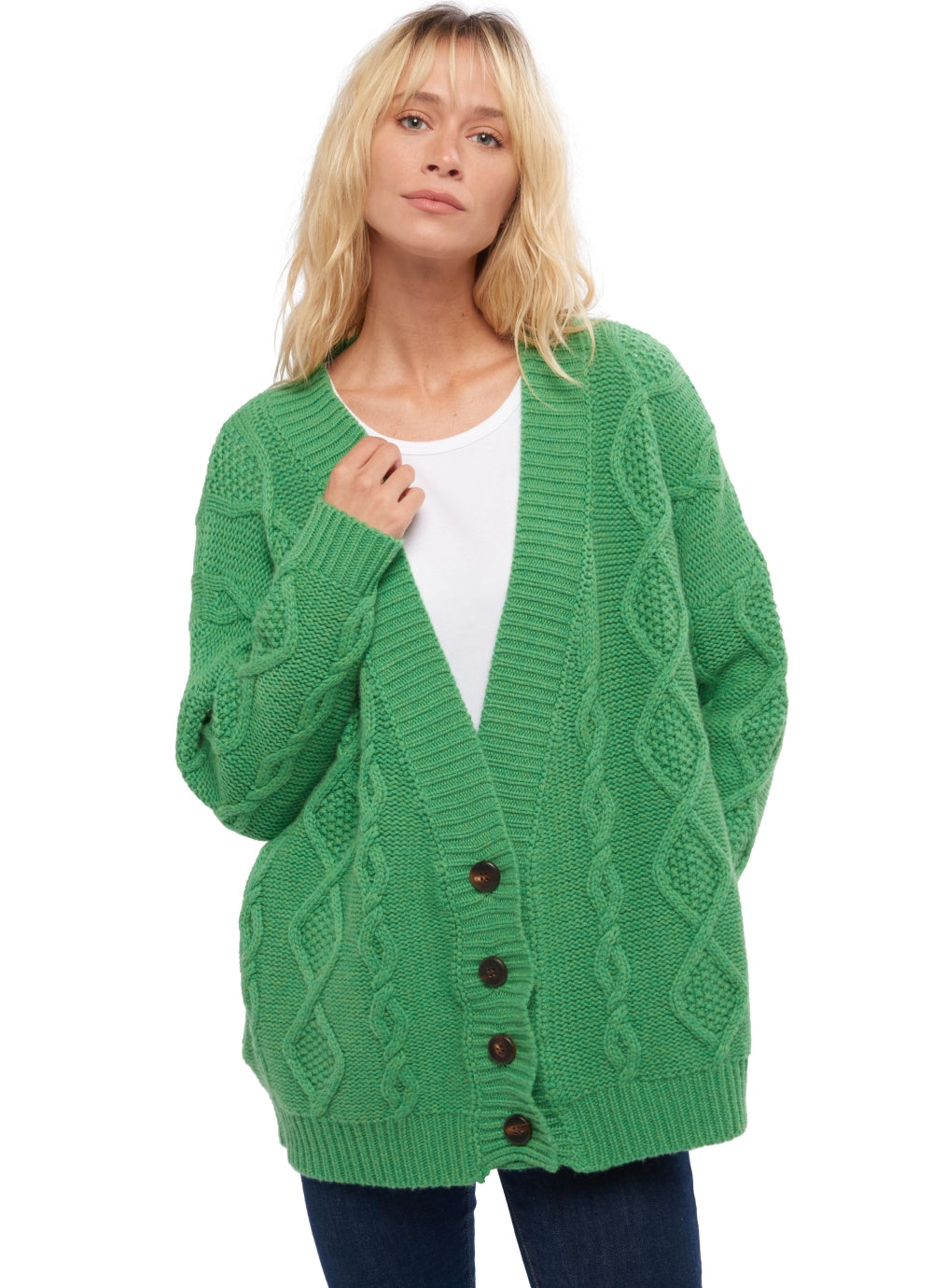 Cardigan in cashmere, 100% cashmere, donna, collo a V, chiusura con bottoni, taglio ampio, maniche lunghe, spessore grosso / 6 fili e +, treccia, Mahogany