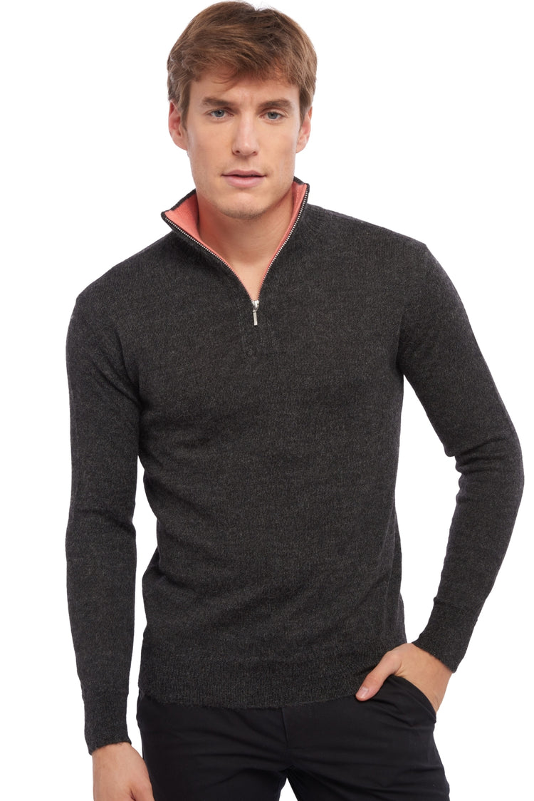 Maglione in baby alpaca e cashmere, 100% Baby Alpaca e 100% Cashmere, uomo, collo camionista, chiusura zip, taglio dritto, maniche lunghe, normale / 2 e 4 fili, maglia normale, Mahogany