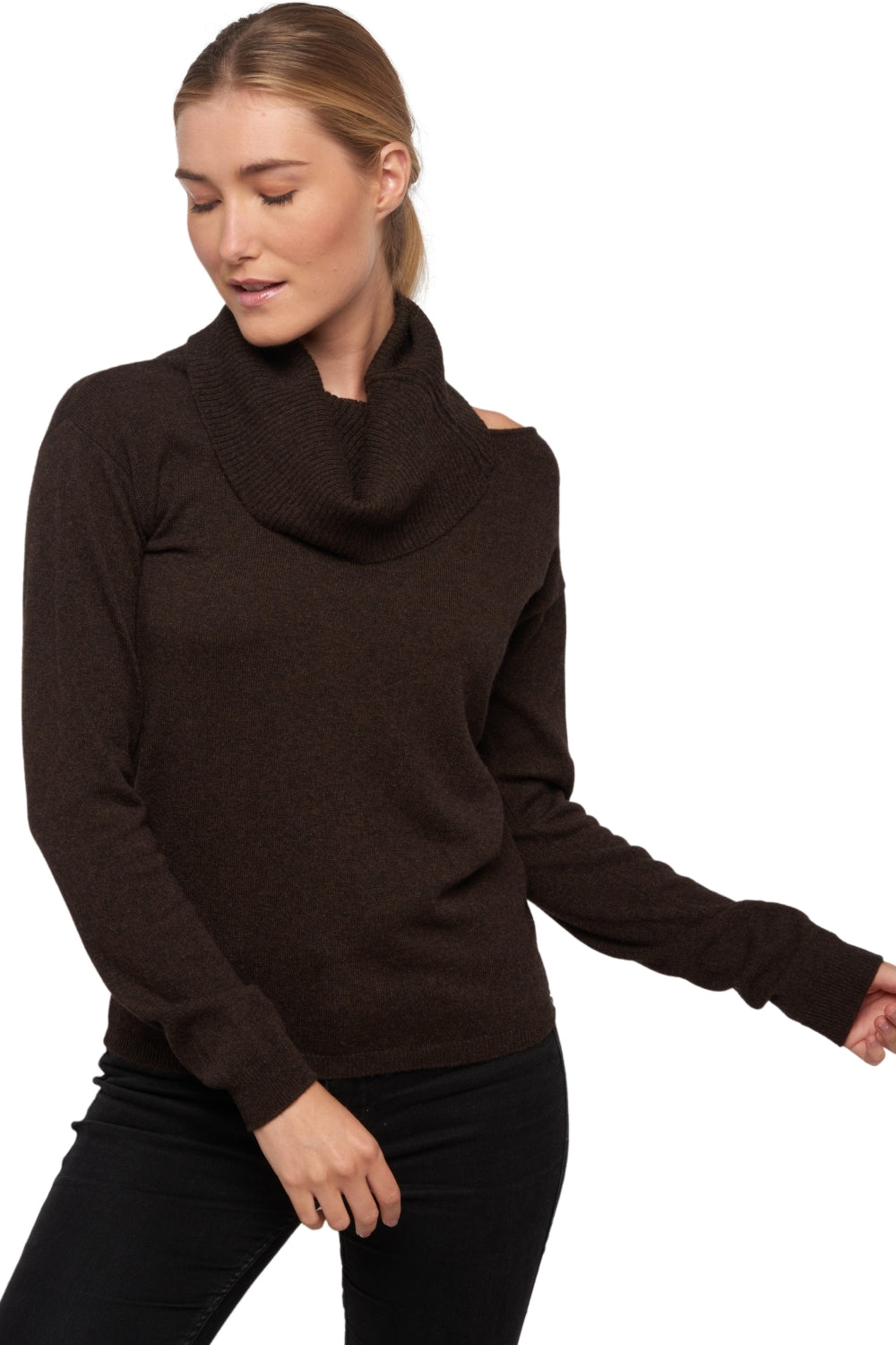 Maglione in cashmere, 100% cashmere, donna, collo a lupetto, taglio dritto, maniche lunghe, normale / 2 e 4 fili, maglia normale, Mahogany