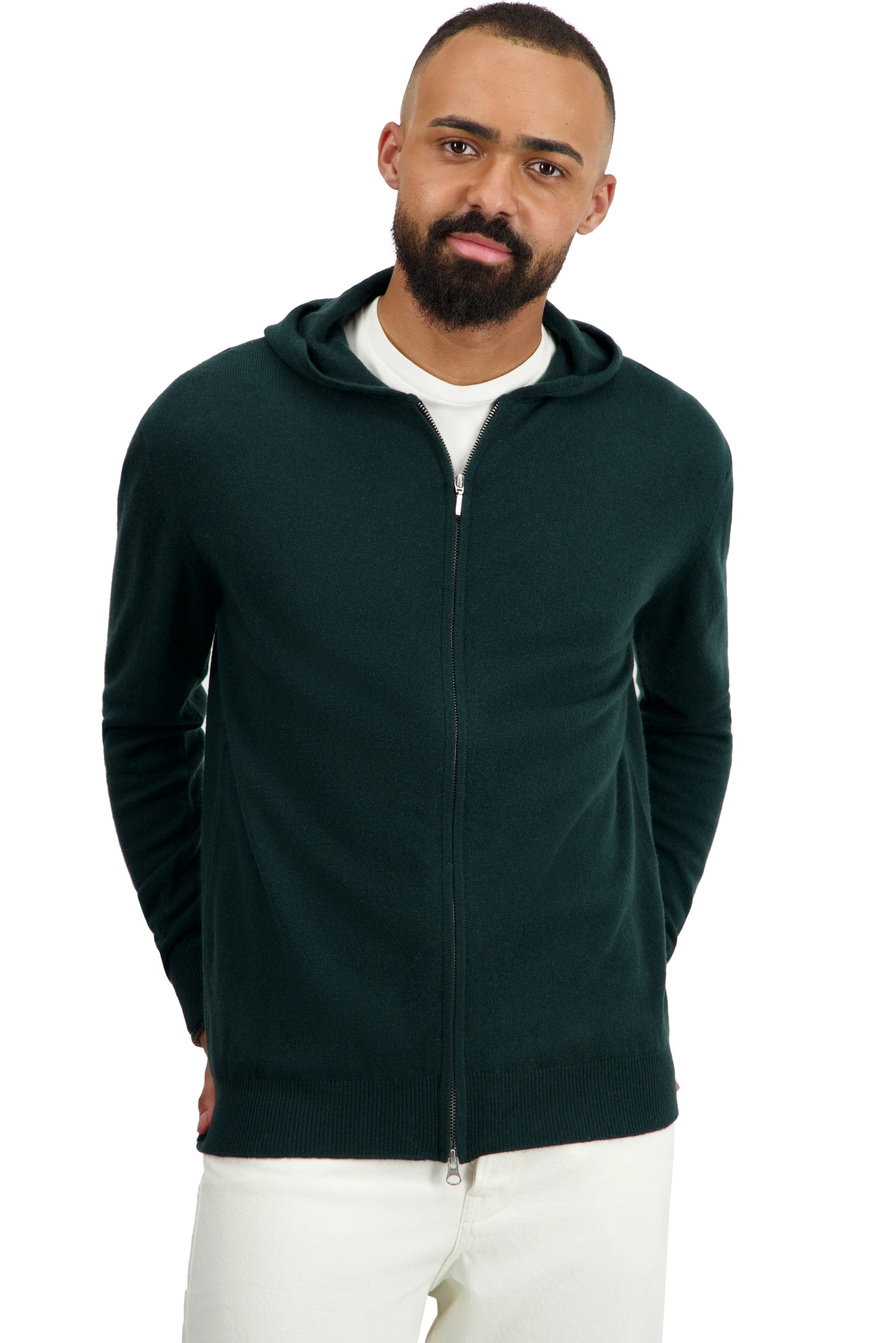 Cardigan in cashmere, 100% Cashmere, uomo, cappuccio, chiusura zip, taglio dritto, maniche lunghe, normale / 2 e 4 fili, maglia normale, Mahogany