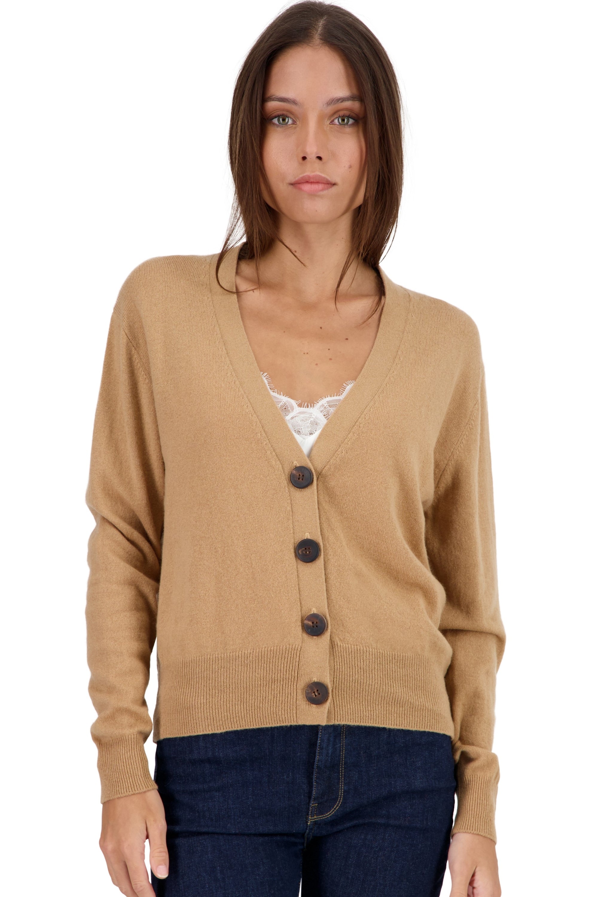 Cardigan in cashmere, 100% cashmere, donna, collo a V, chiusura con bottoni, taglio dritto, maniche lunghe, normale / 2 e 4 fili, lavoro a maglia normale, Mahogany