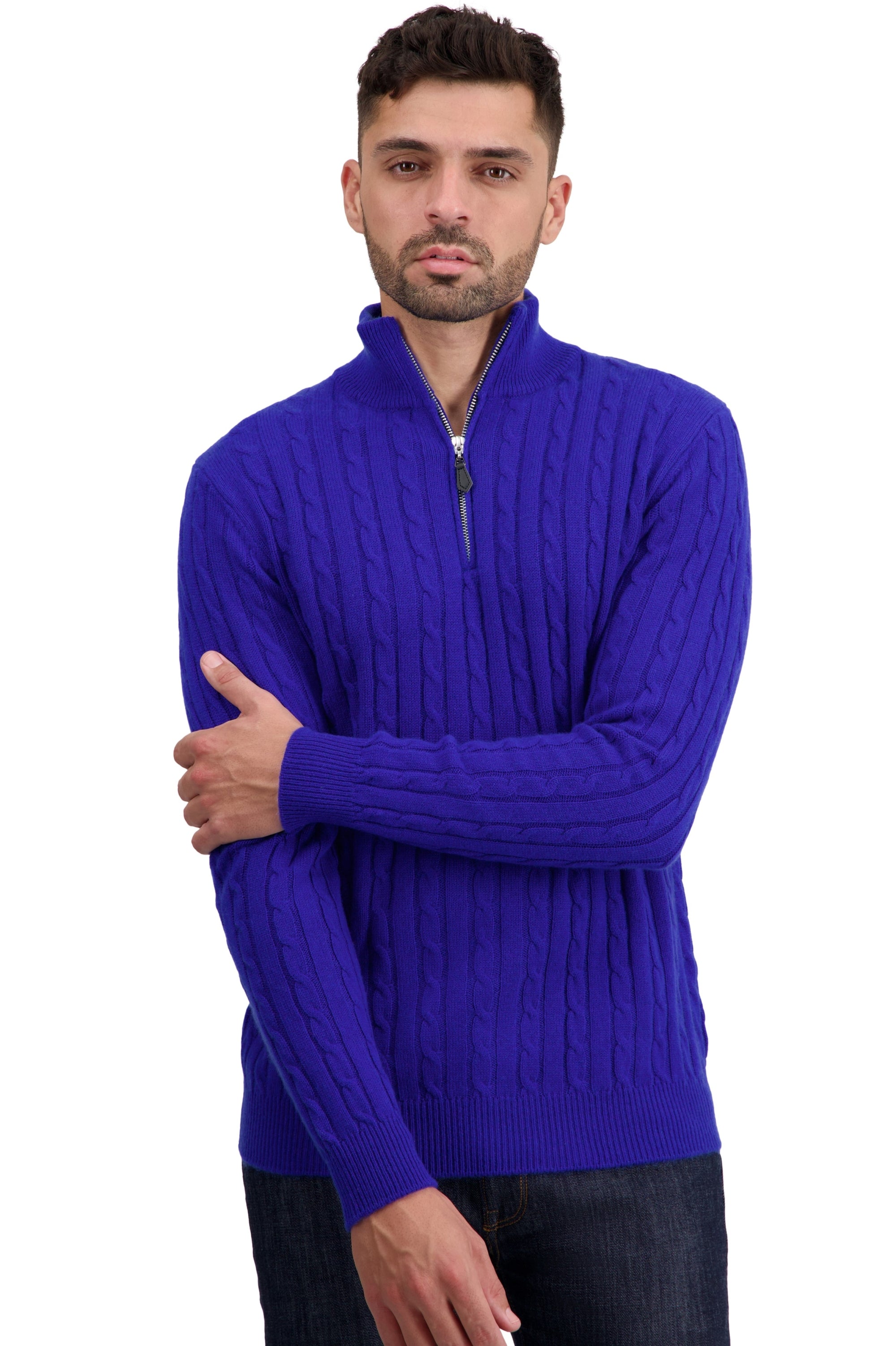 Maglione in cashmere, 100% Cashmere, uomo, collo a camionista, chiusura zip, taglio dritto, maniche lunghe, normale / 2 e 4 fili, treccia, Mahogany