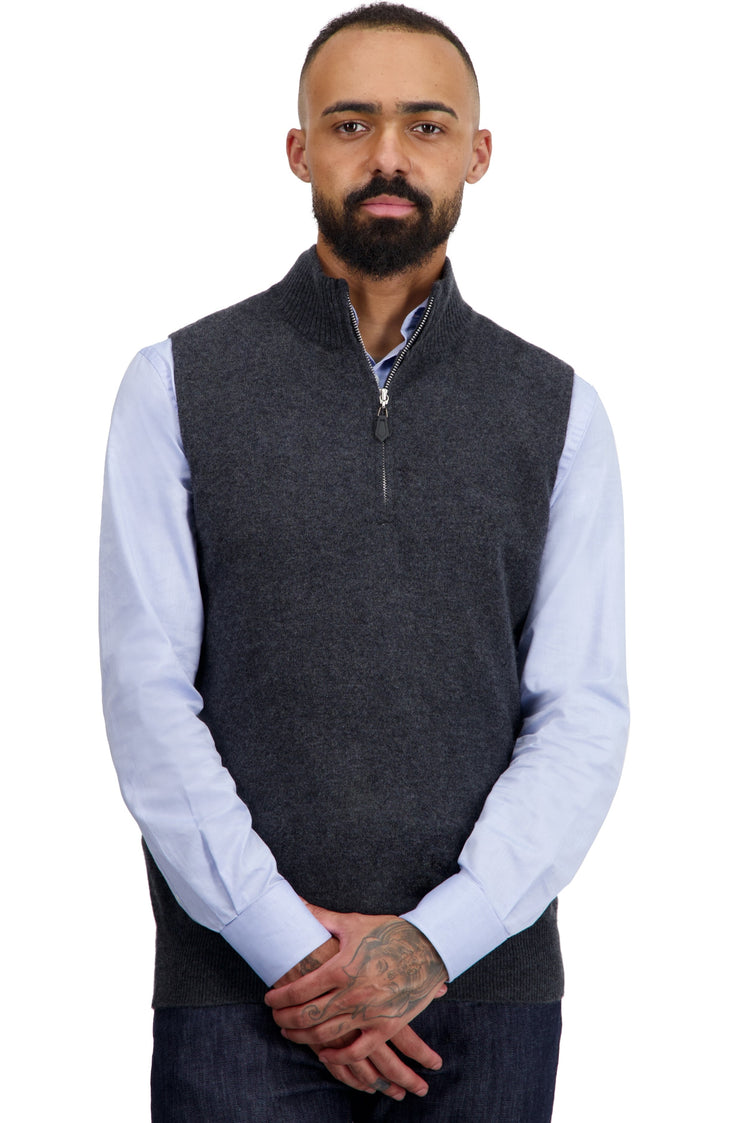 Maglione in cashmere, 100% Cashmere, uomo, collo a camionista, chiusura zip, taglio dritto, senza maniche, normale / 2 e 4 fili, maglia normale, Mahogany