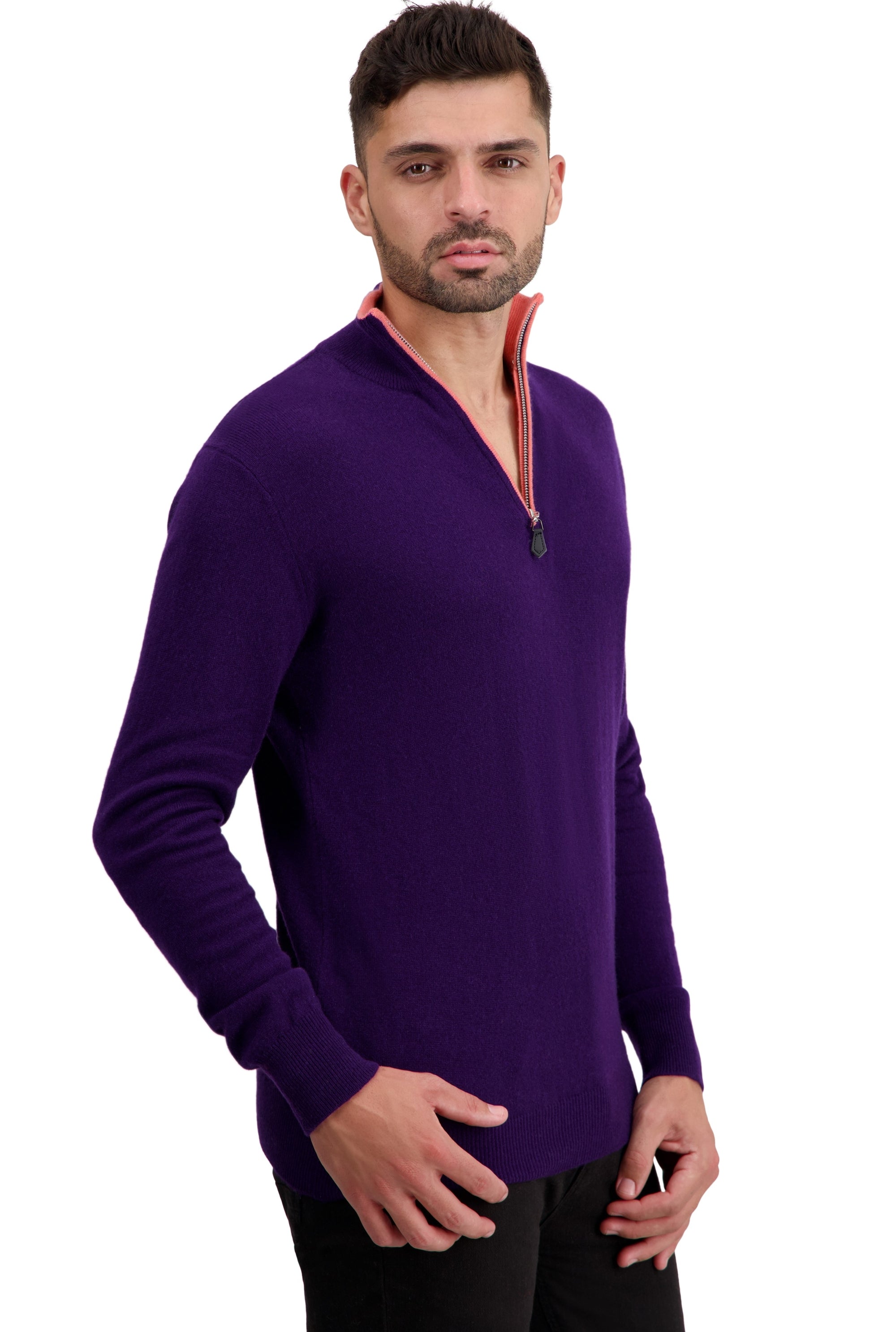 Maglione in cashmere, 100% cashmere, uomo, collo collo camionista, chiusura zip, vestibilità dritta, maniche lunghe, normale / 2 e 4 fili, maglia normale, Mahogany