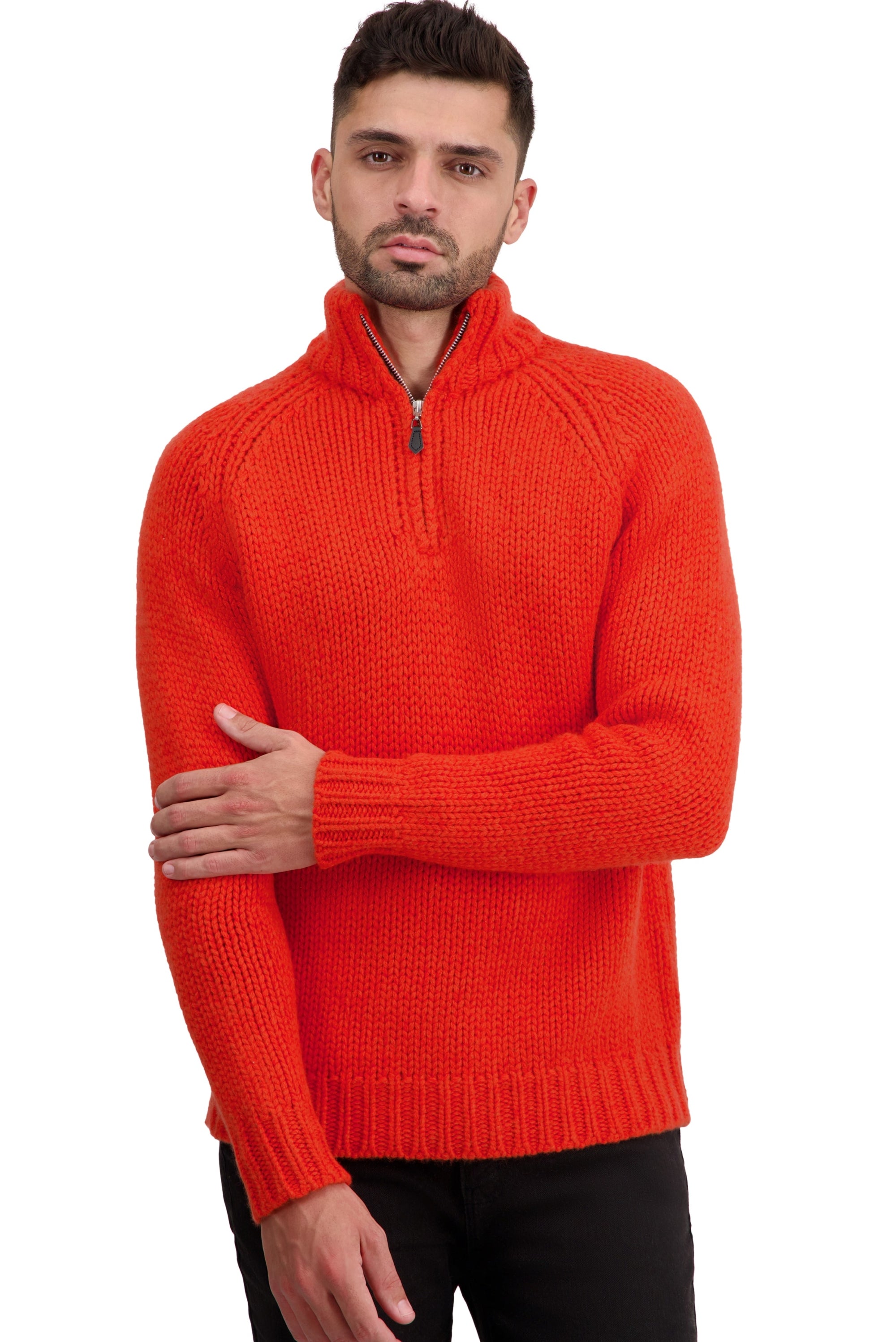 Maglione in cashmere, 100% Cashmere, uomo, collo a camionista, chiusura con zip, taglio dritto, maniche lunghe, spesso / 6 fili e +, maglia normale, Mahogany