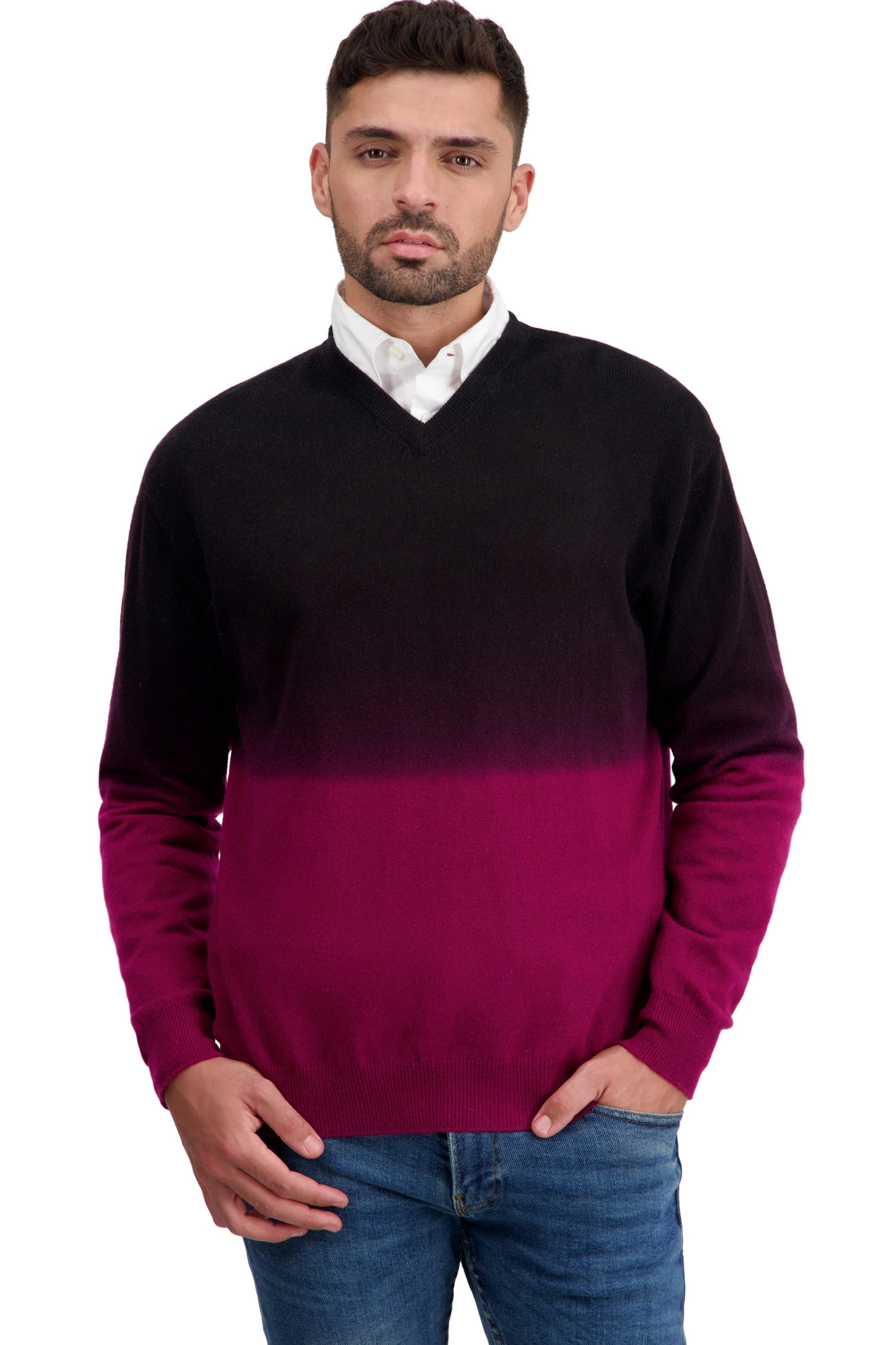 Maglione in cashmere, 100% Cashmere, uomo, collo a V, taglio ampio, maniche lunghe, tie and dye, normale / 2 e 4 fili, maglia normale, Mahogany