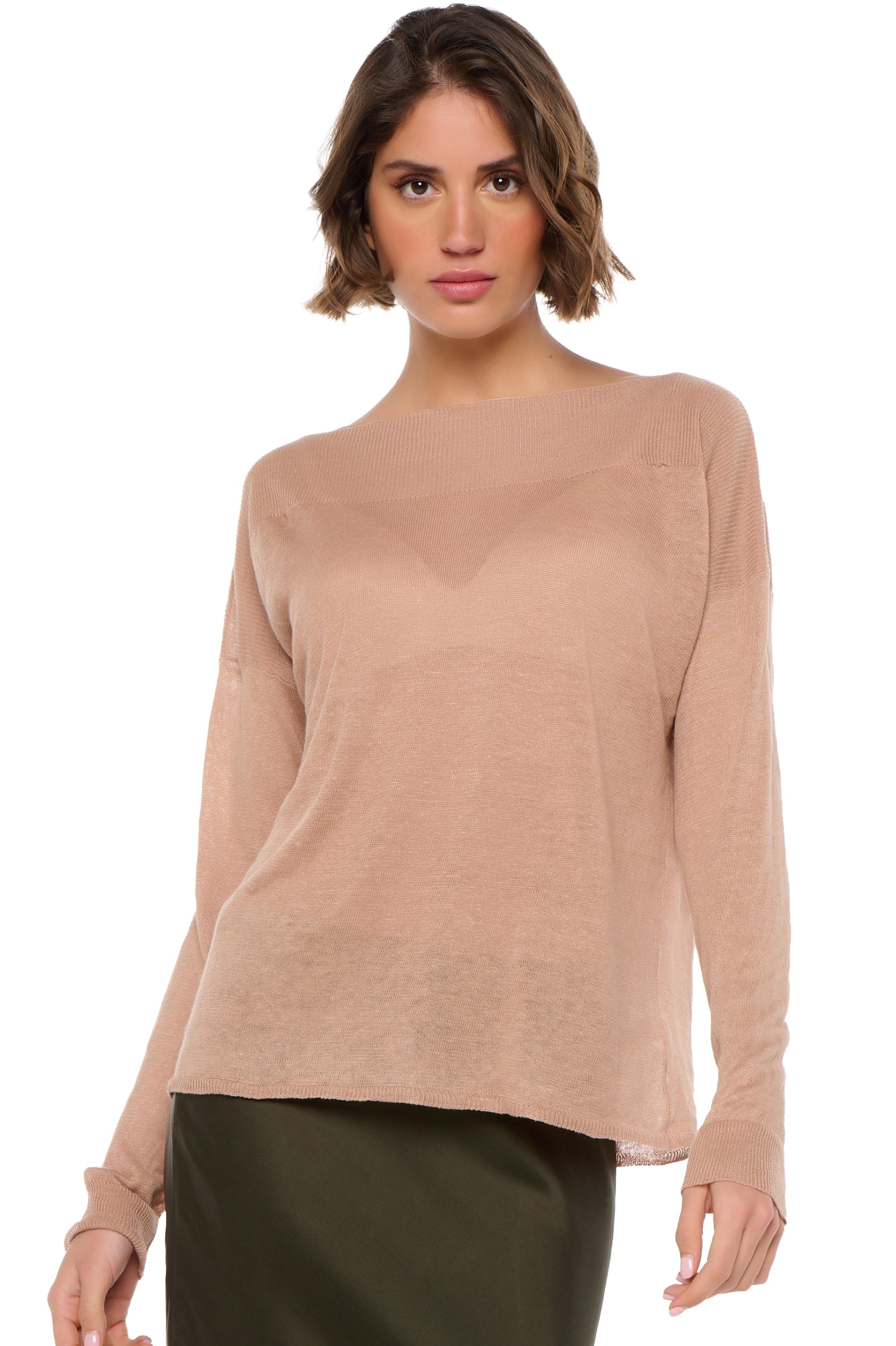 Maglione in lino, 100% lino, donna, collo a barchetta, taglio dritto, maniche lunghe, normale / 2 e 4 fili, maglia normale, Mahogany