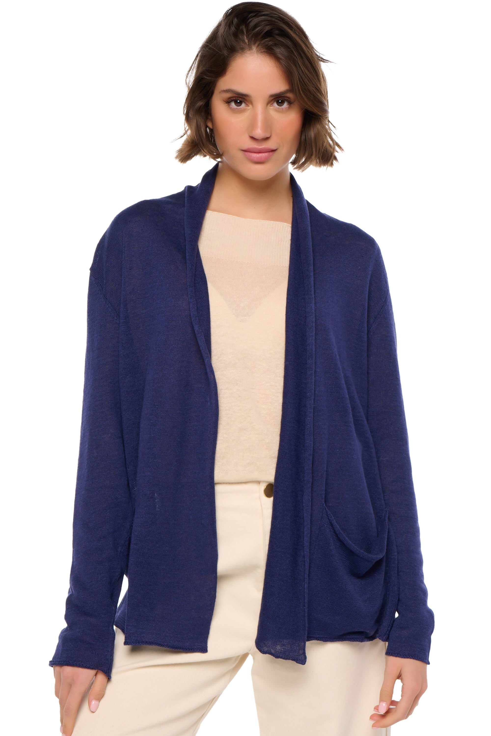 Cardigan in lino, 100% lino, donna, senza collo, taglio dritto, maniche lunghe, normale / 2 e 4 fili, maglia normale, Mahogany