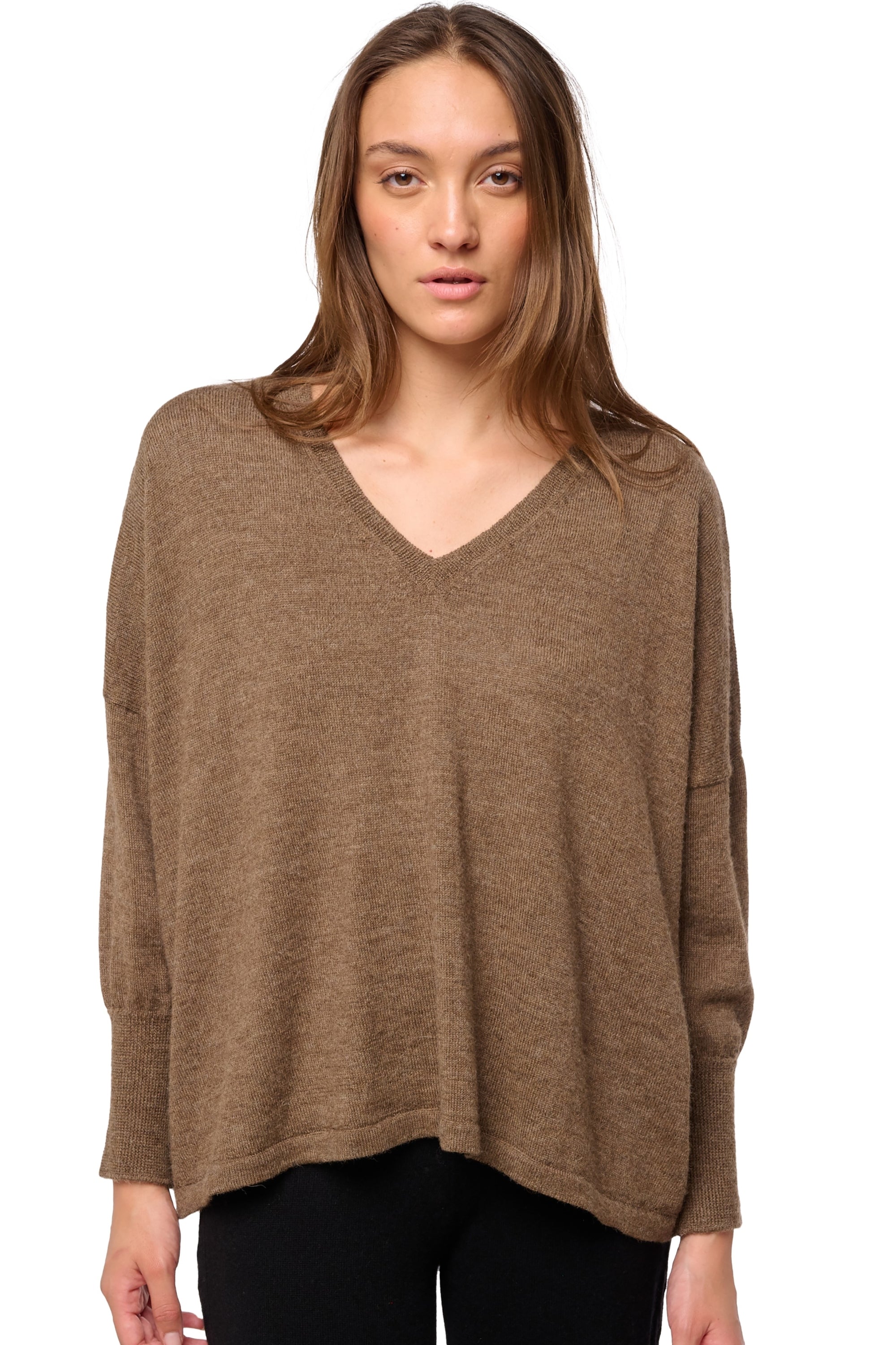 Maglione in baby alpaca, 100% Baby Alpaca, donna, collo a V, taglio oversize, maniche lunghe, normale / 2 e 4 fili, maglia normale, Mahogany