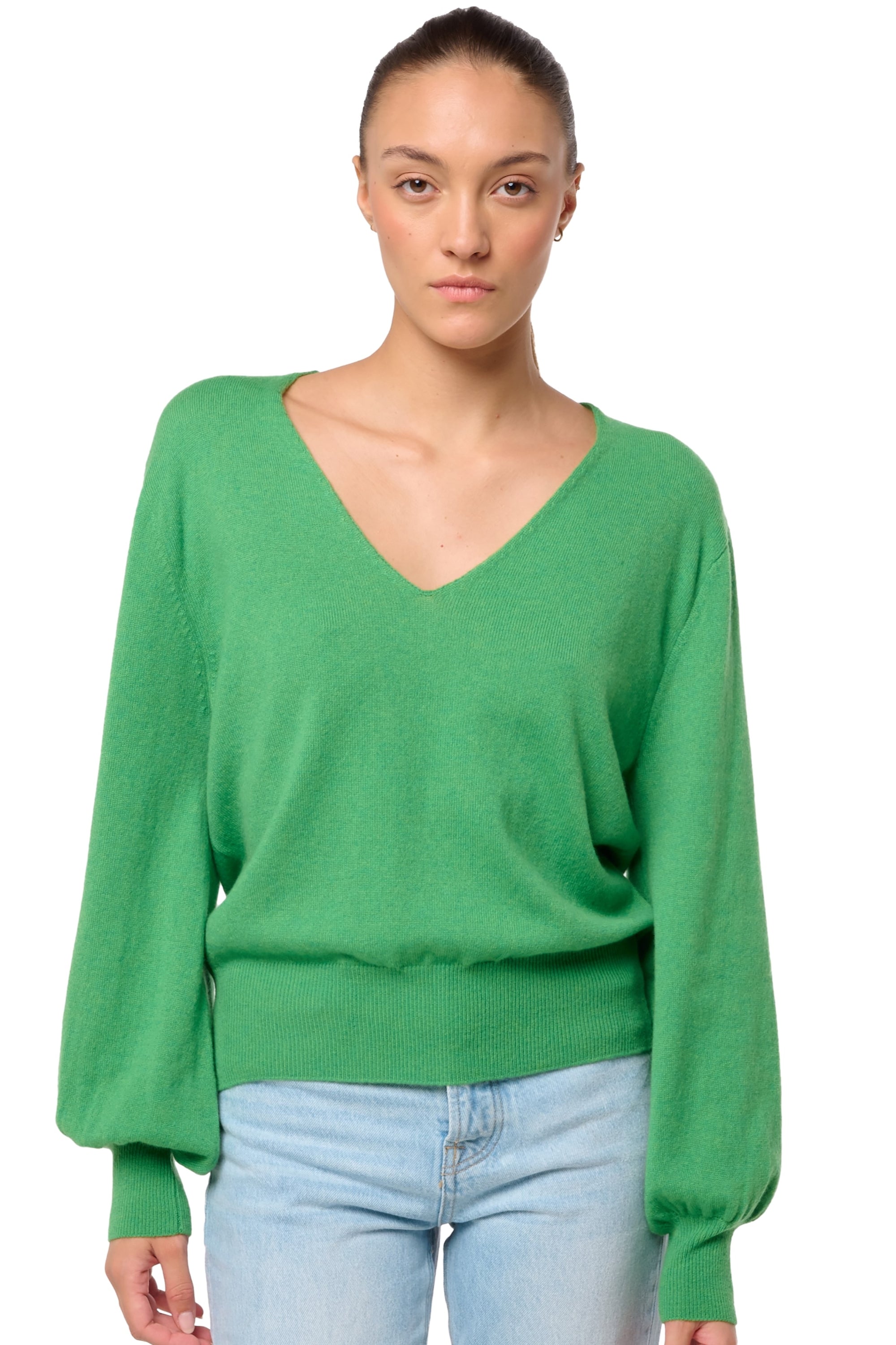 Maglione in cashmere, 100% Cashmere, donna, collo a V, taglio dritto, maniche a palloncino, normale / 2 e 4 fili, maglia normale, Mahogany