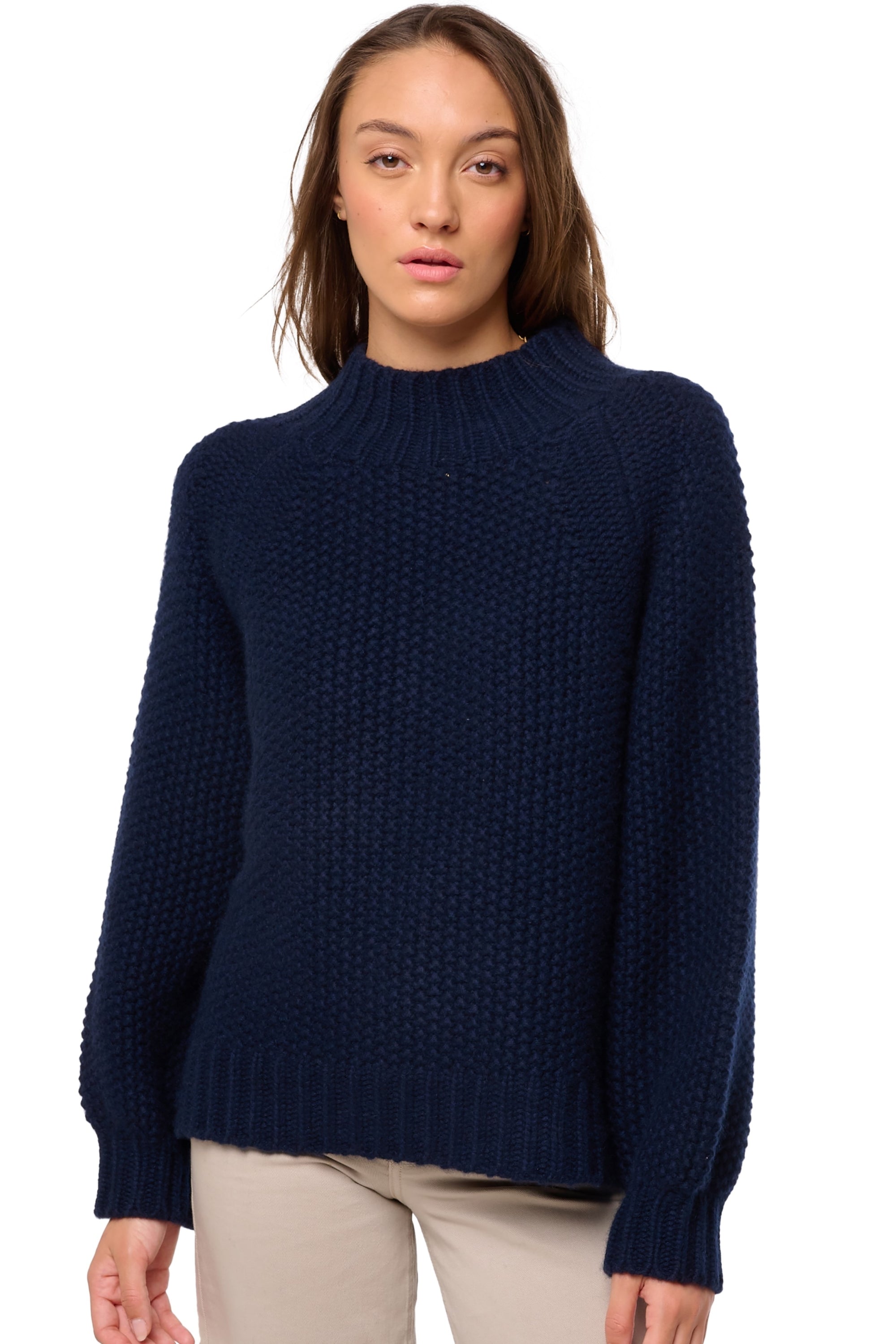 Maglione in cashmere, 100% cashmere, donna, collo alto / collo a camino, vestibilità ampia, maniche a palloncino, grossa / 6 fili e +, maglia normale, Mahogany