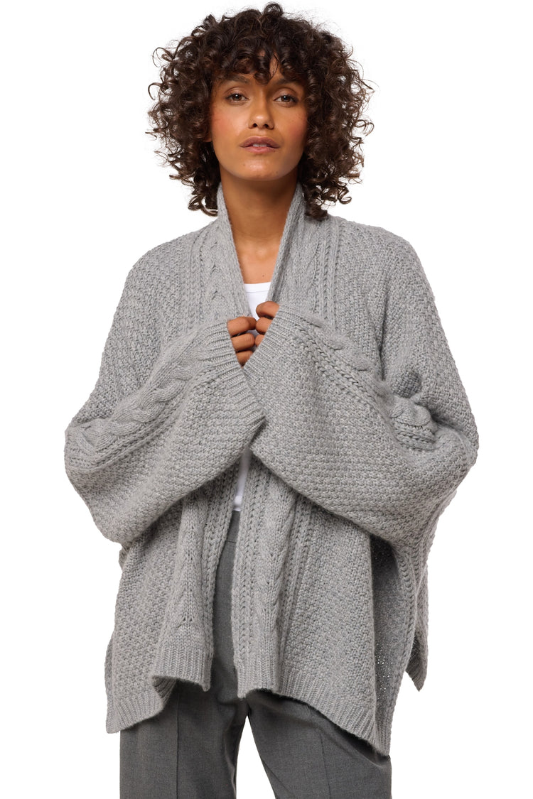 Giacca in cashmere, 100% Cashmere, donna, collo a V, taglio oversize, maniche lunghe, grosso / 6 fili e +, trecce, Mahogany