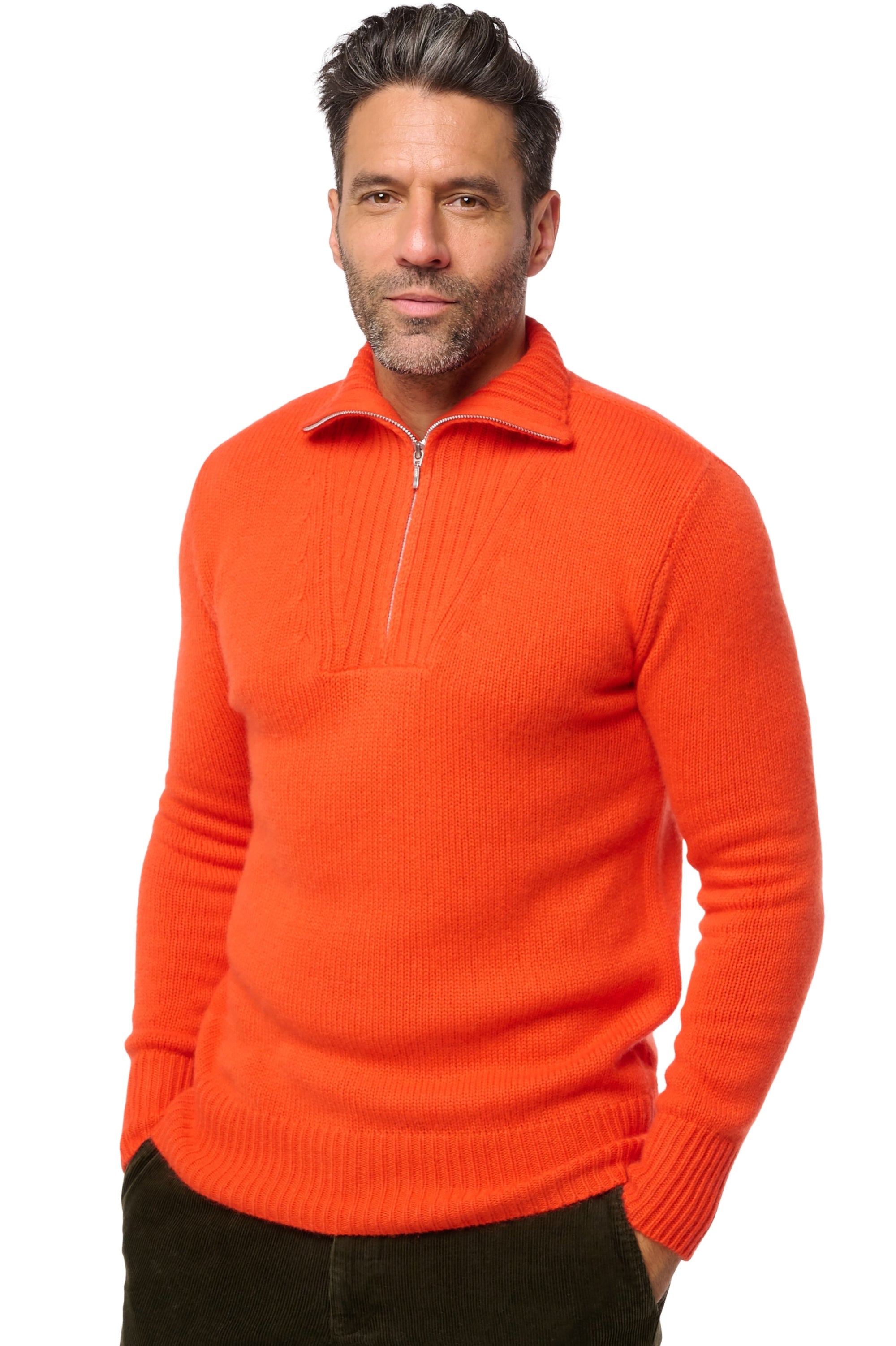 Maglione in cashmere, 100% Cashmere, uomo, collo a camionista, chiusura con zip, taglio dritto, maniche lunghe, spesso / 6 fili e +, maglia normale, Mahogany