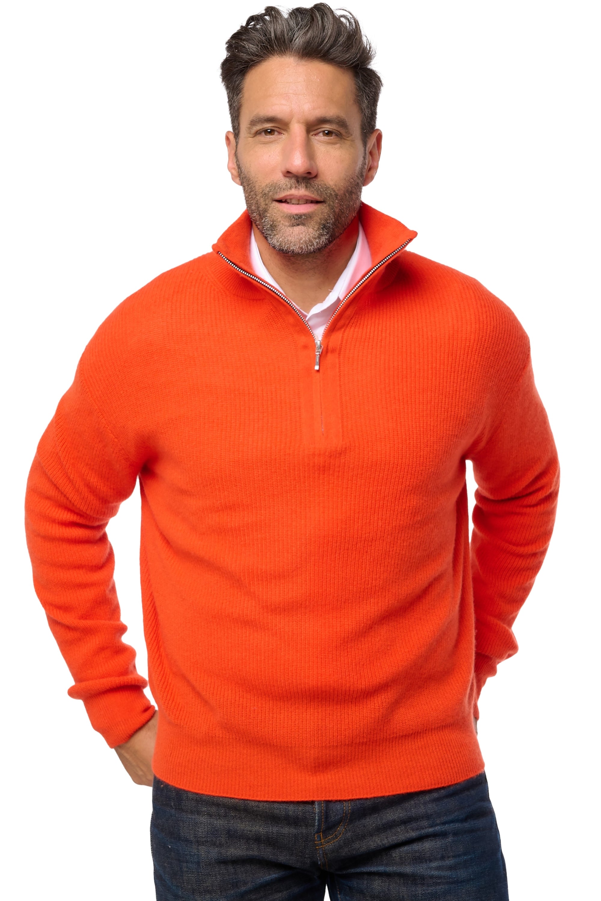 Maglione in cashmere, 100% cashmere, uomo, collo collo camionista, chiusura zip, vestibilità dritta, maniche lunghe, normale / 2 e 4 fili, maglia normale, Mahogany
