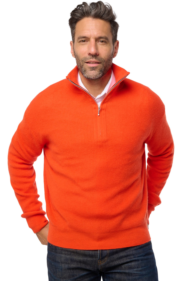 Maglione in cashmere, 100% cashmere, uomo, collo collo camionista, chiusura zip, vestibilità dritta, maniche lunghe, normale / 2 e 4 fili, maglia normale, Mahogany