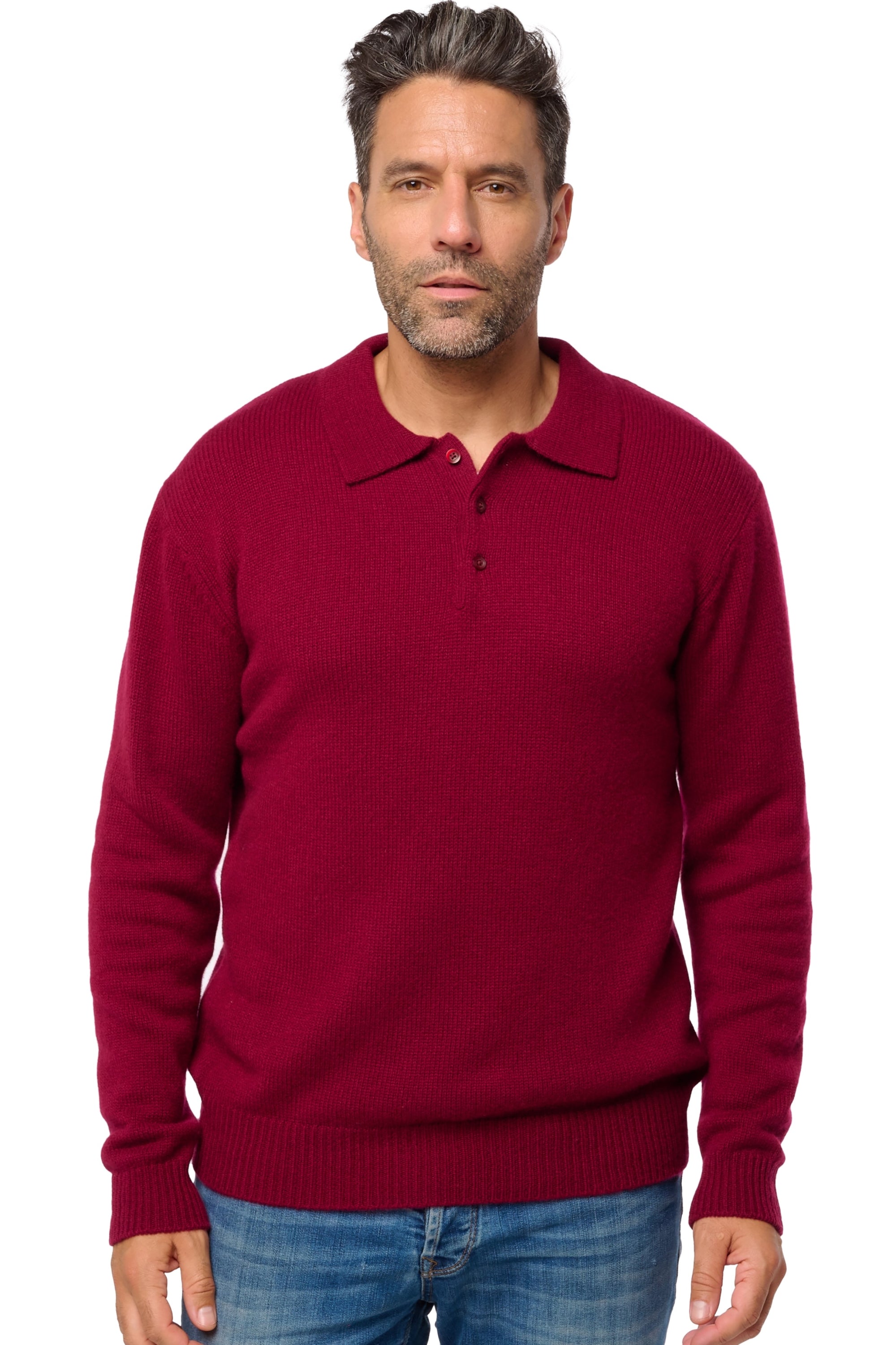 Polo in cashmere, 100% cashmere, uomo, colletto polo, chiusura a bottoni, vestibilità dritta, maniche lunghe, grossa / 6 fili e +, maglia normale, Mahogany